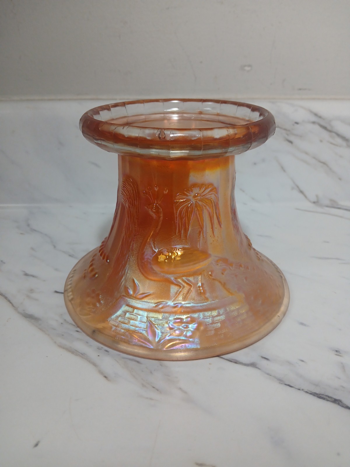 Antique Northwood Peacock at the Fountain Orange\\Pink Carnival Glass Pedestal