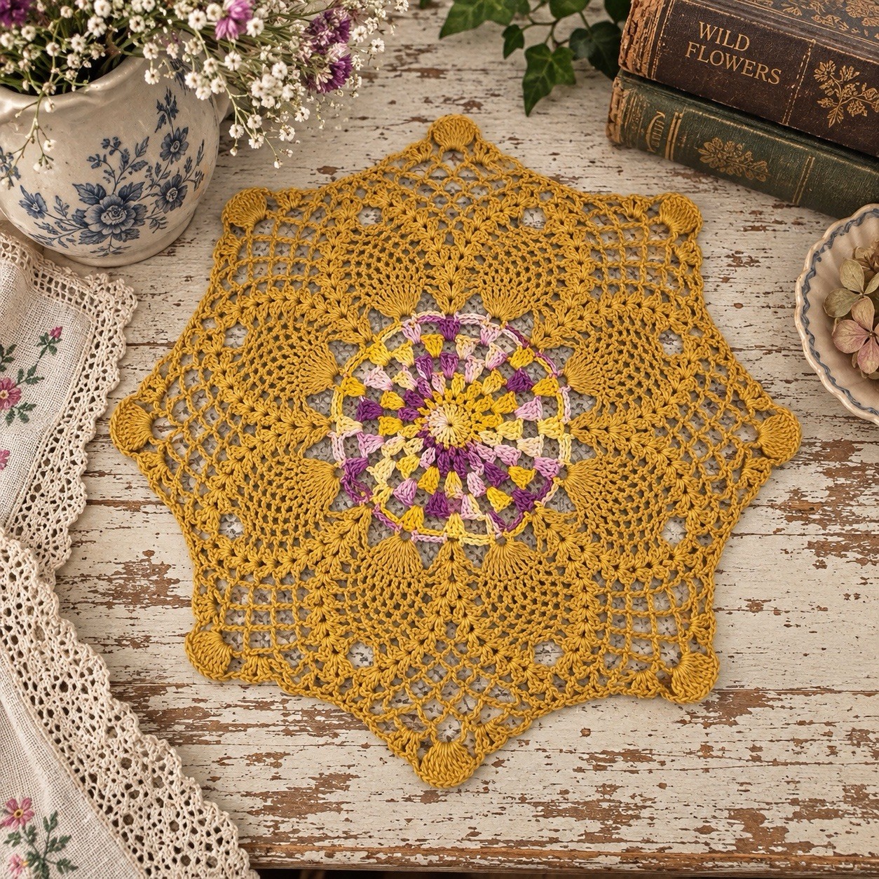 Vtg Hand Crochet Doily Mustard Gold Purple Floral Lace Octagonal 13”