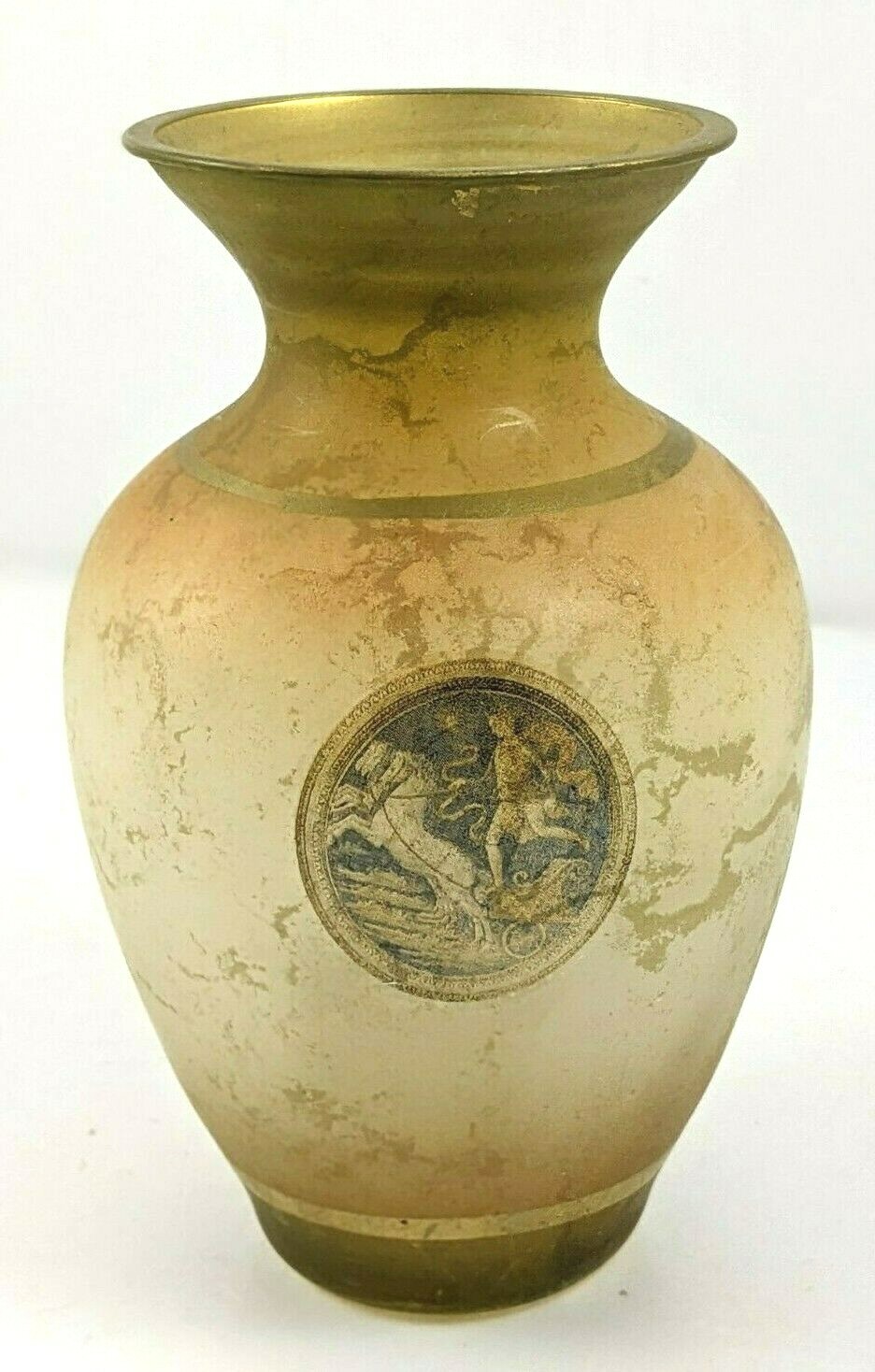 Small Satin Frosted Glass Vase Gold Trim Chariot Emblem