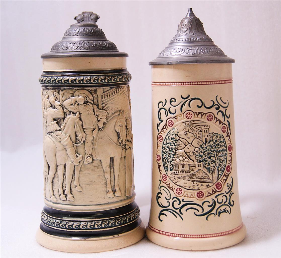 Two Antique German Beer Steins by A.Diesinger Castle and Soldiers c.1890s