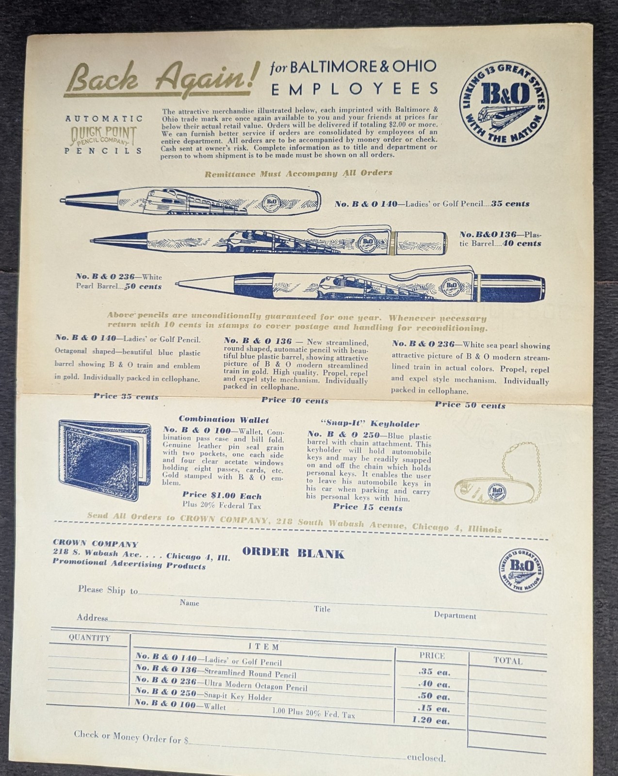 ***RARE VINTAGE BALTIMORE & OHIO RAILROAD EMPLOYEE GIFT OFFER SHEET*** ***RARE VINTAGE BALTIMORE & OHIO RAILROAD EMPLOYEE GIFT OFFER SHEET***