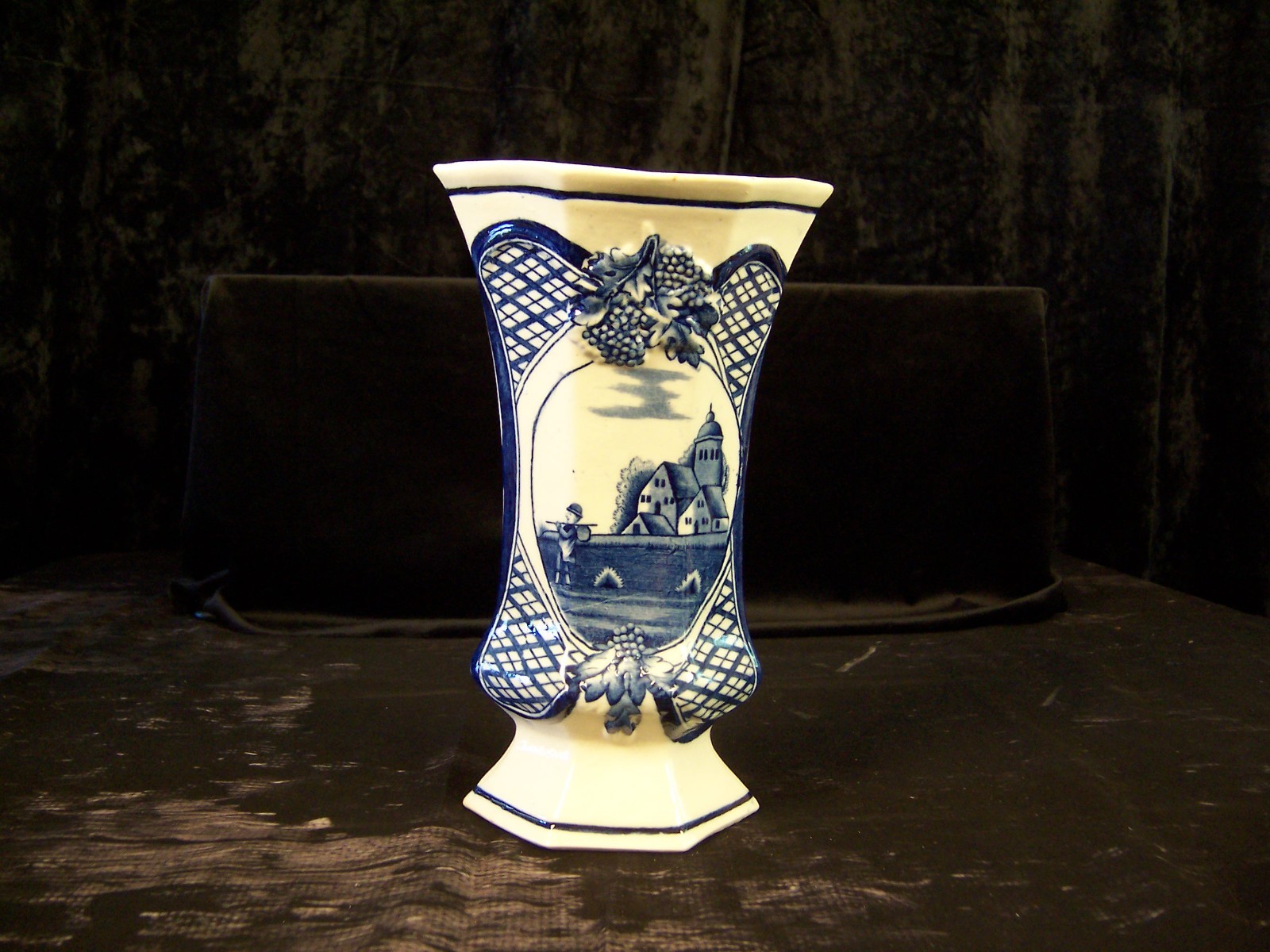 Vintage Delft Blue White Hand Painted Vase Mid Century Dutch Landscape 9.75\