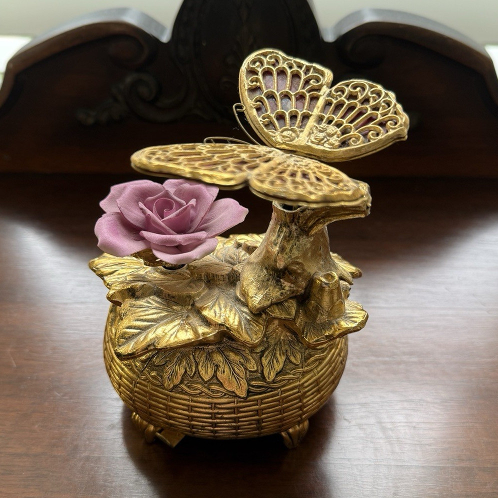 Vintage Westland / TAJ Japan Musical Automaton Butterfly Porcelain Rose WORKING