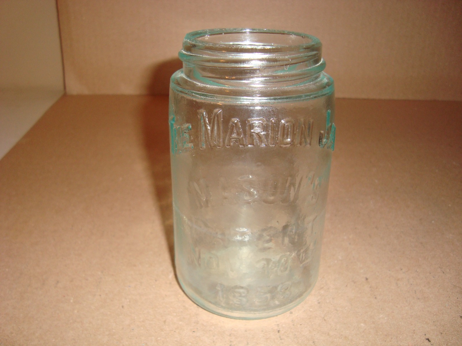 VINTAGE THE MARION JAR MASON\'S PATENT NOV. 30TH 1858 AQUA PINT JAR