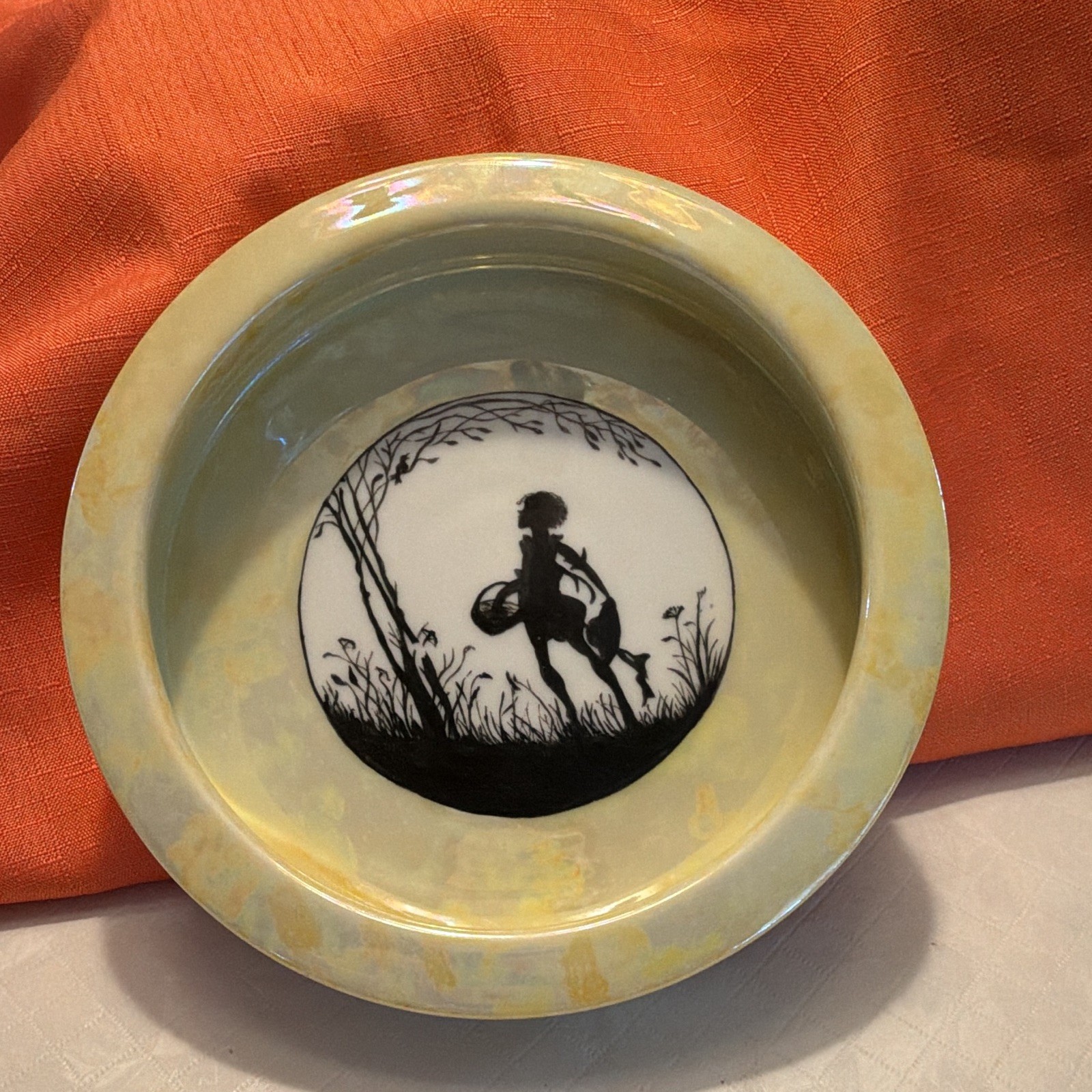 Vintage Art Deco German Porcelain Yellow Lusterware Pin Dish Ashtray Silhouette
