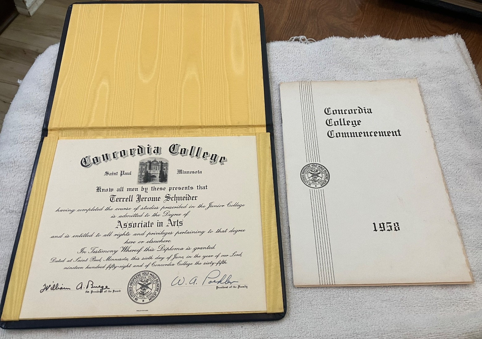1958 Concordia College Commencement Program & Diploma- St. Paul. Minn.