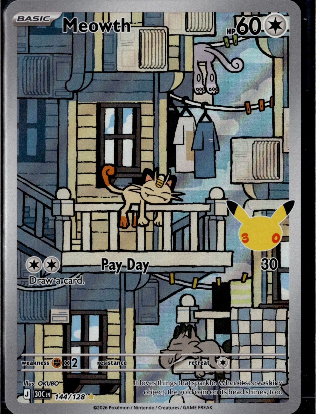 Meowth Illustration Rare ME: 30th Celebration 144/128 NM