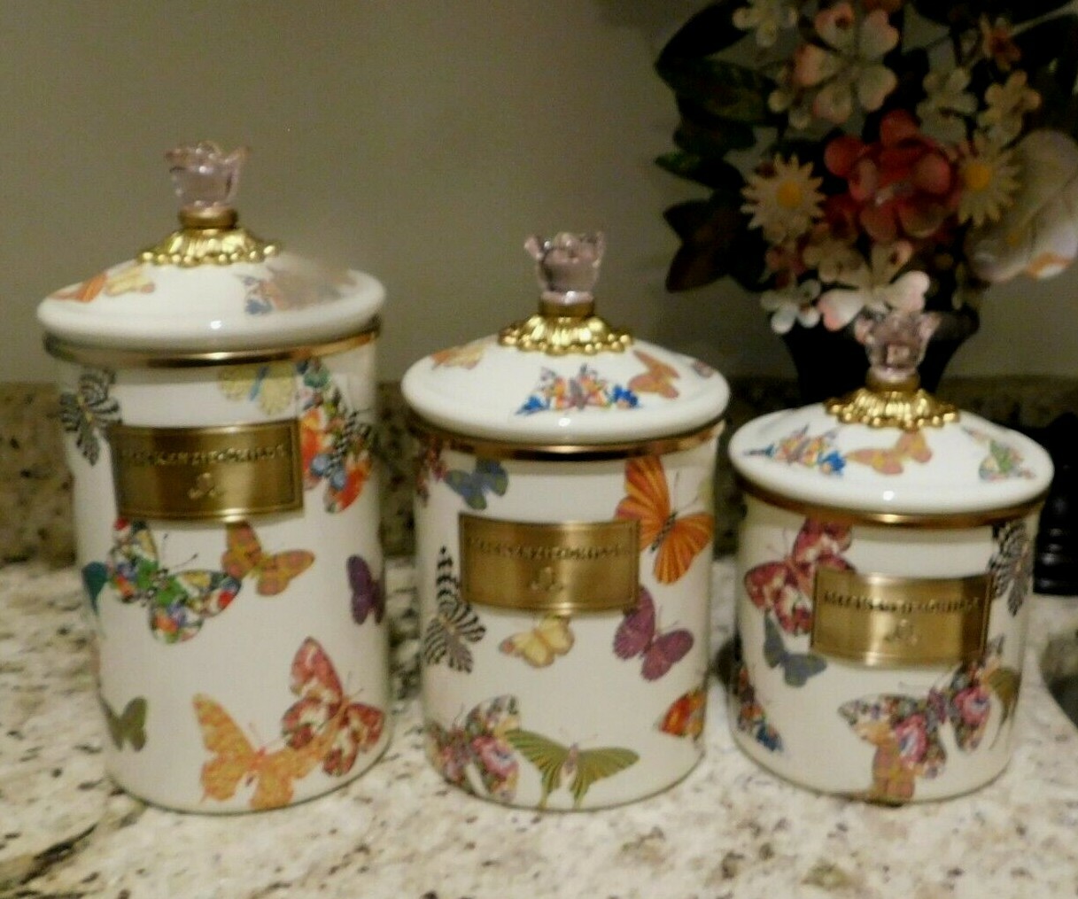 MACKENZIE-CHILD\'S BUTTERFLY GARDEN S,M,L,,THREE CANISTER SET, RETIRED, NEW