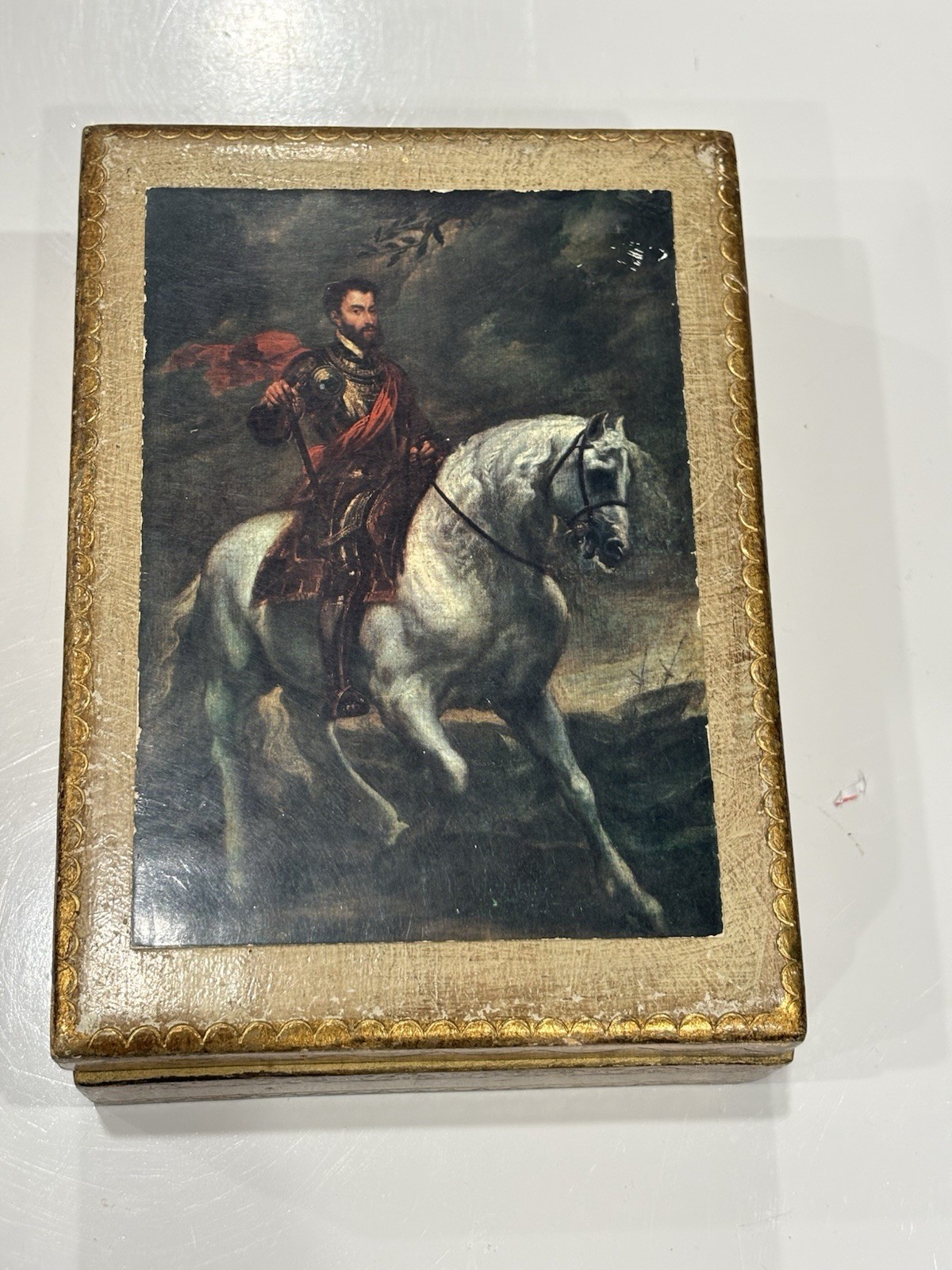 Vtg Italian Florentine Box Wood Playing Card Cigarette Chest Charles V on Horse