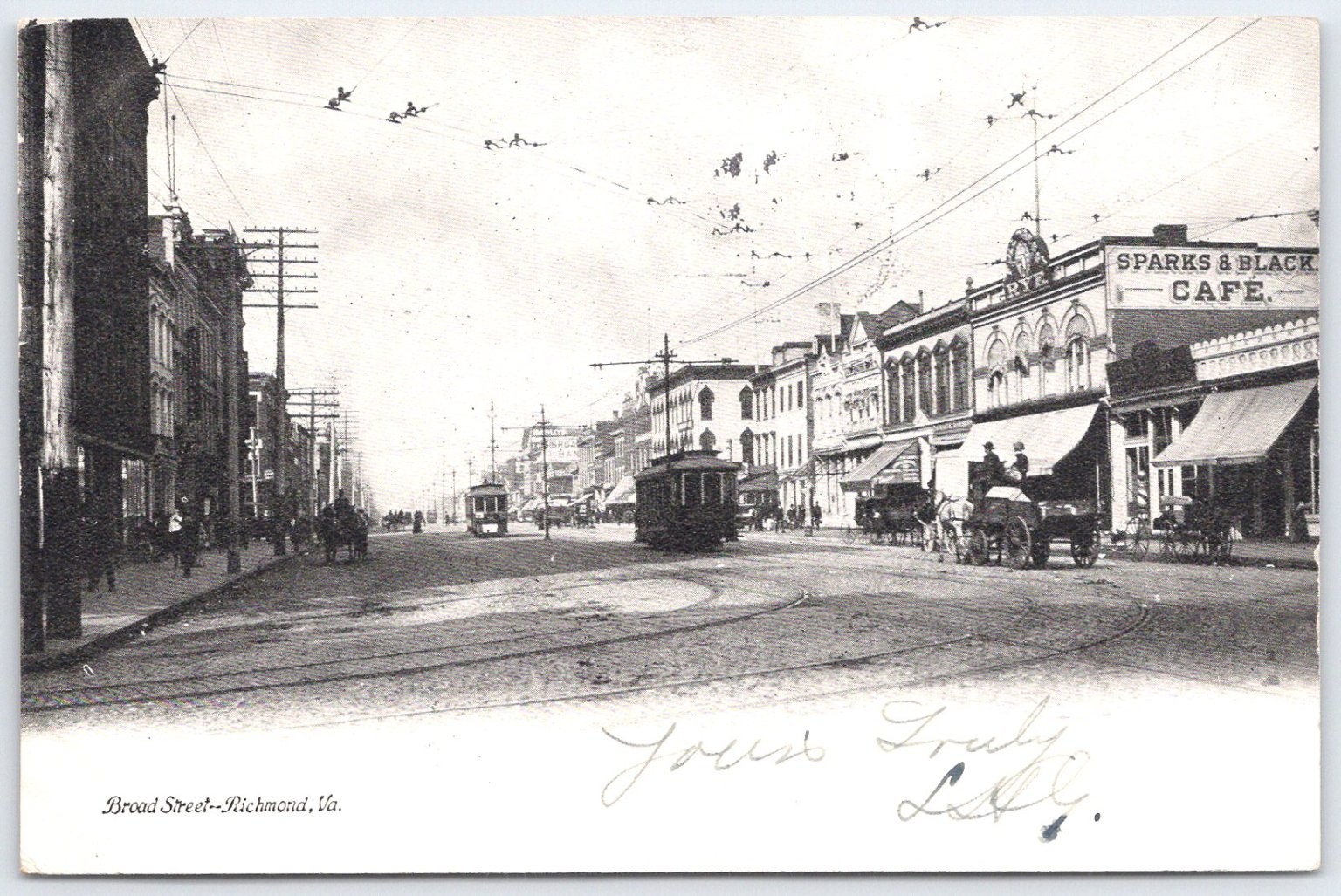 1905 Broad Street Richmond VA RPPC Postcard Sparks & Black Cafe Streetcar