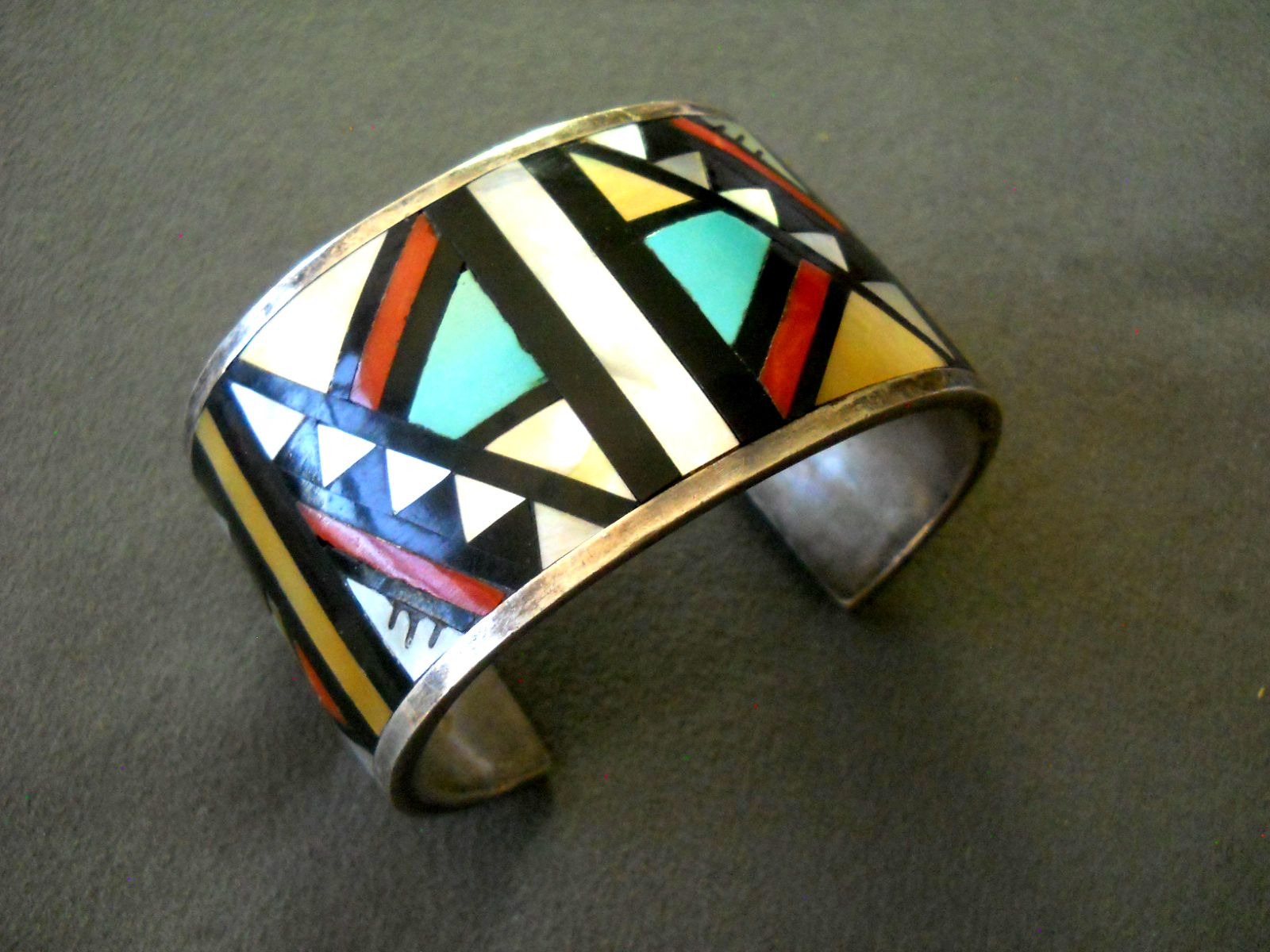Native American Zuni Multi-Stone Mosaic Inlay Sterl Silver Cuff Bracelet SIGNED