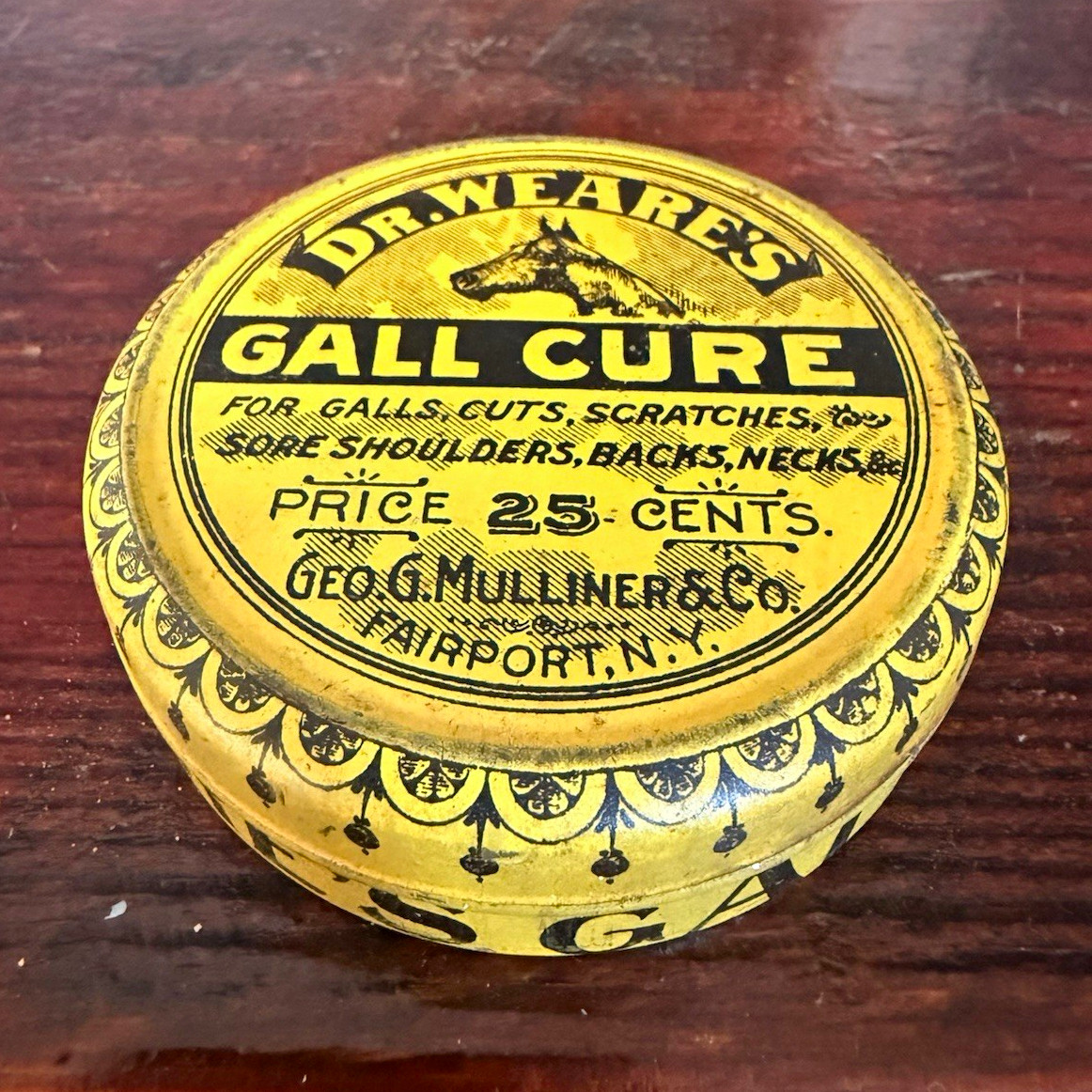 Dr. Weare's Gall Cure Vintage Tin Geo. G. Mulliner Fairport NY 1906 Vet Med FULL