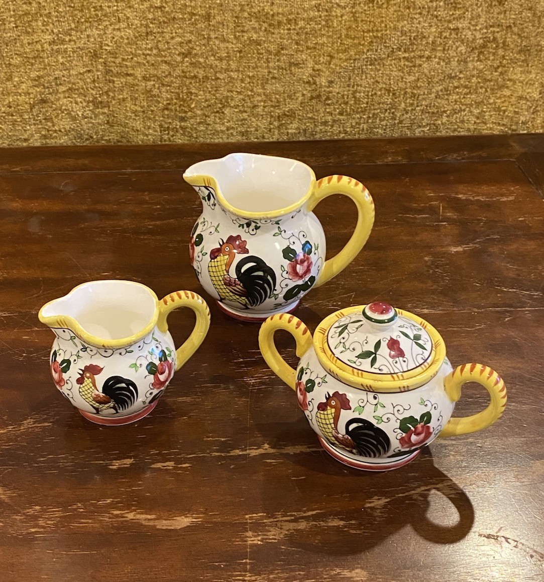 Ucagco Sugar Cream Early Provincial Rooster & Roses Japan 1950 Kitschy Farmhouse