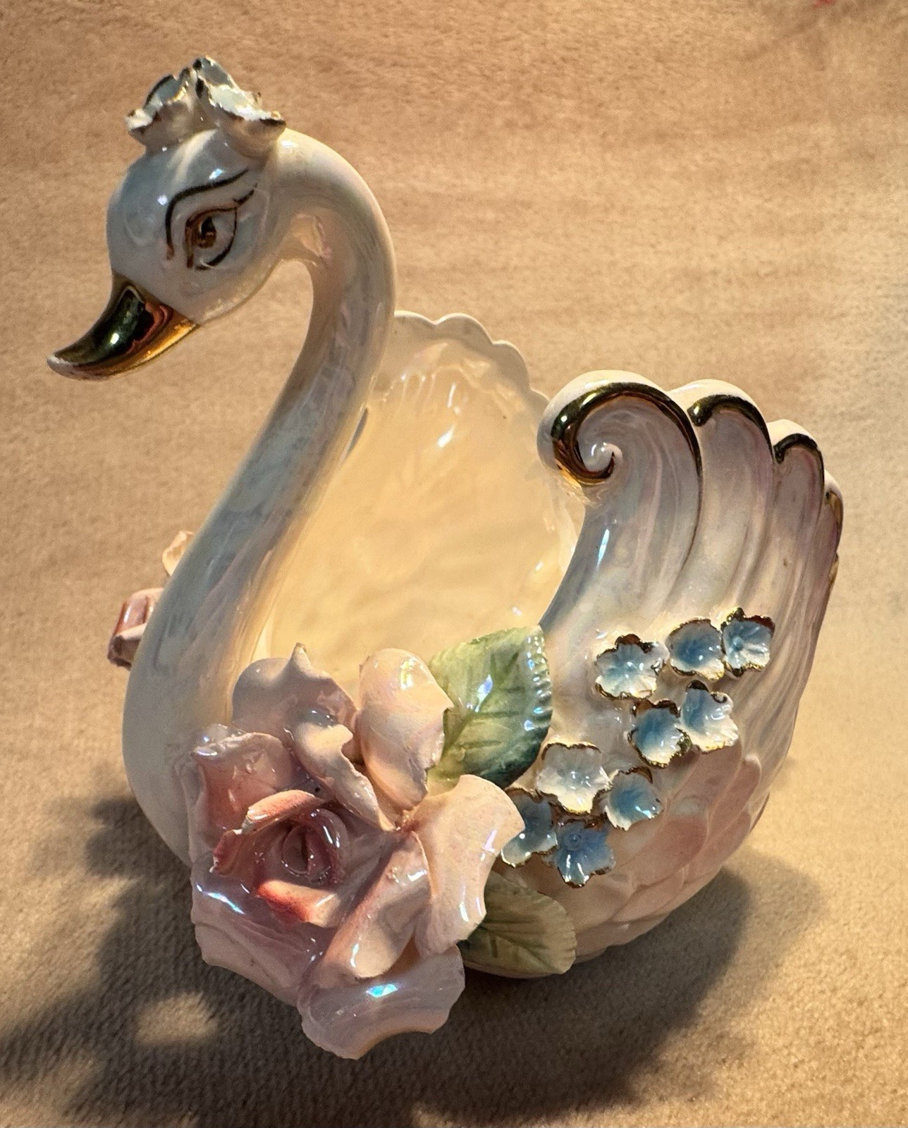 Vintage Norcrest Lustreware Swan Ceramic Planter Applied FlowersJapan Kitsch Art