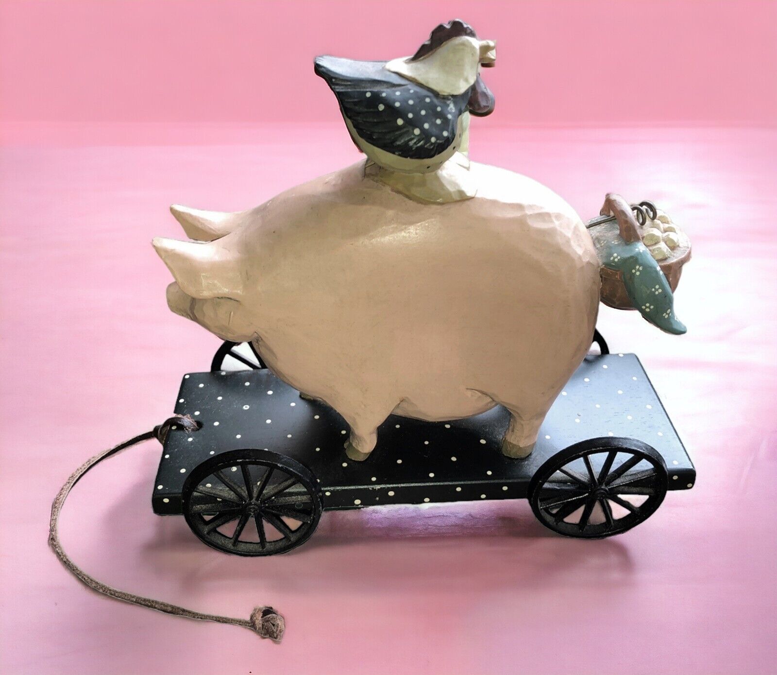 Williraye Studios 1996 Pig on Cart Pull Toy w Rooster & Basket Figurine WW1423