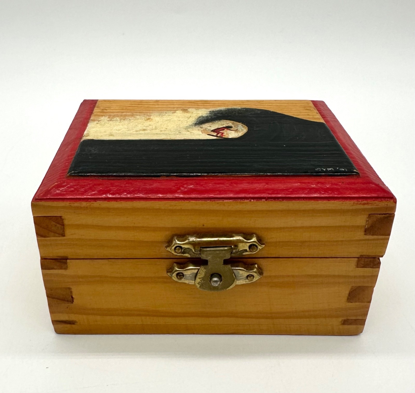 VTG 1981 Signed Handcrafted Wood Keepsake Box Ocean Wave Surf Art Trinket Box