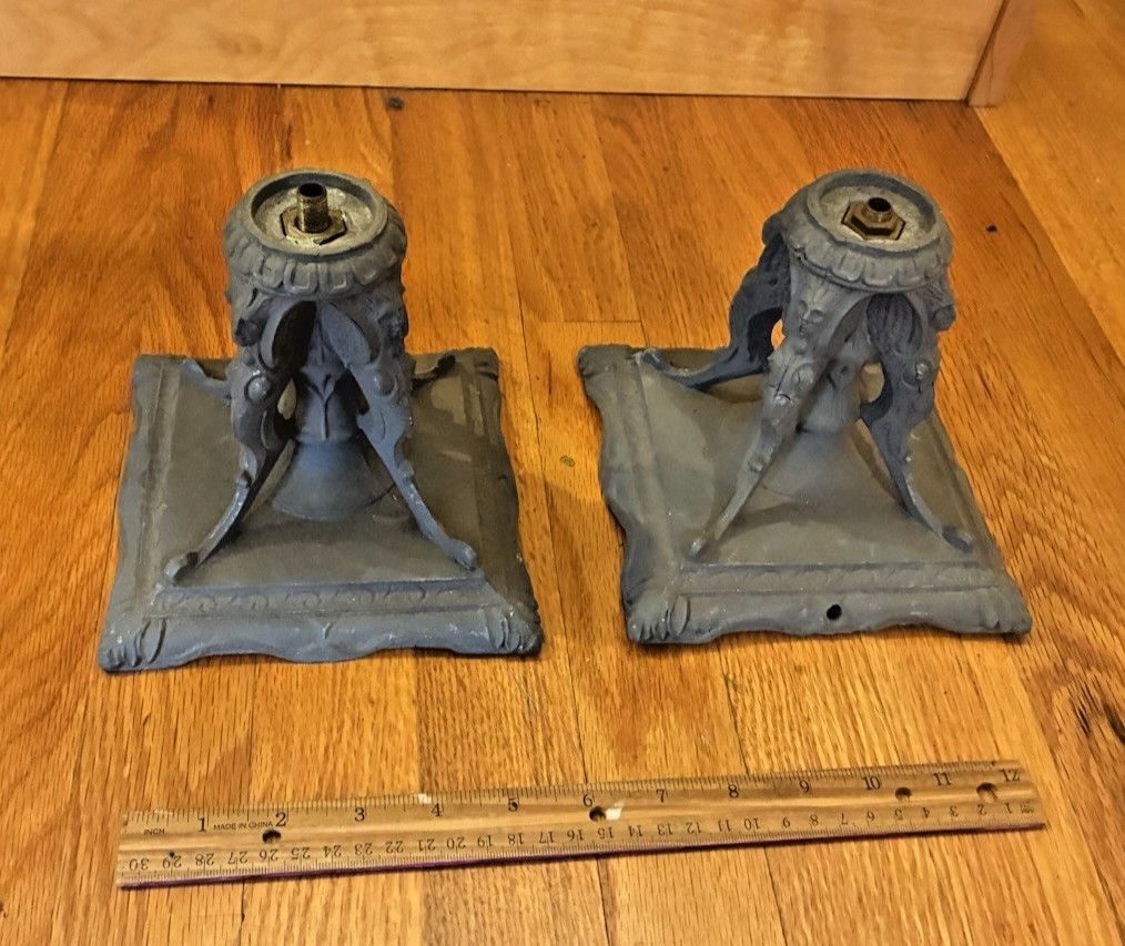 UNIQUE SET OF 1926 ANTIQUE LAMP BASES BOOKENDS STATUES BY M.L. CO. ORNATE MOTIFS UNIQUE SET OF 1926 ANTIQUE LAMP BASES BOOKENDS STATUES BY M.L. CO. ORNATE MOTIFS