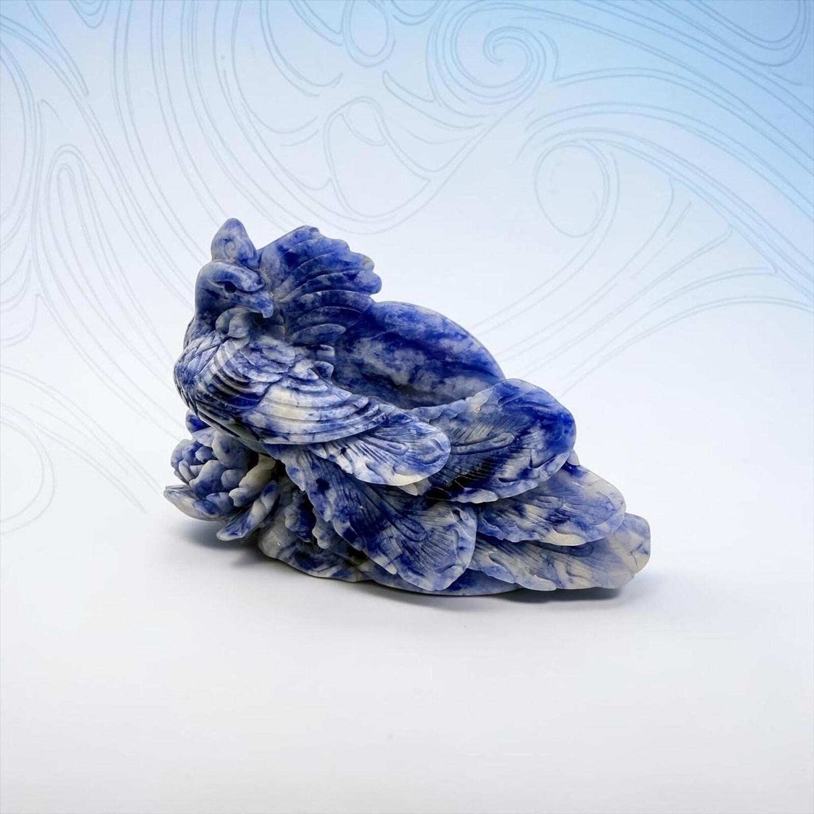 Sodalite Phoenix Carving | 8” Hand-Carved Blue White Crystal Bird Statue Sodalite Phoenix Carving | 8” Hand-Carved Blue White Crystal Bird Statue