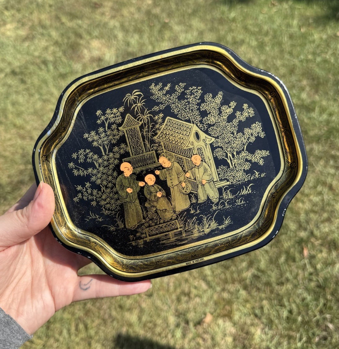 Vtg Elite Trays England Metal Tin Tray Black/Gold Chinoiserie Asian Garden (6)