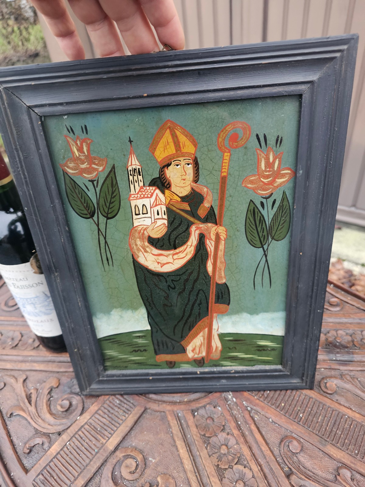 Vintage Eglomise reverse glass painting saint bishop amandus maastricht frame
