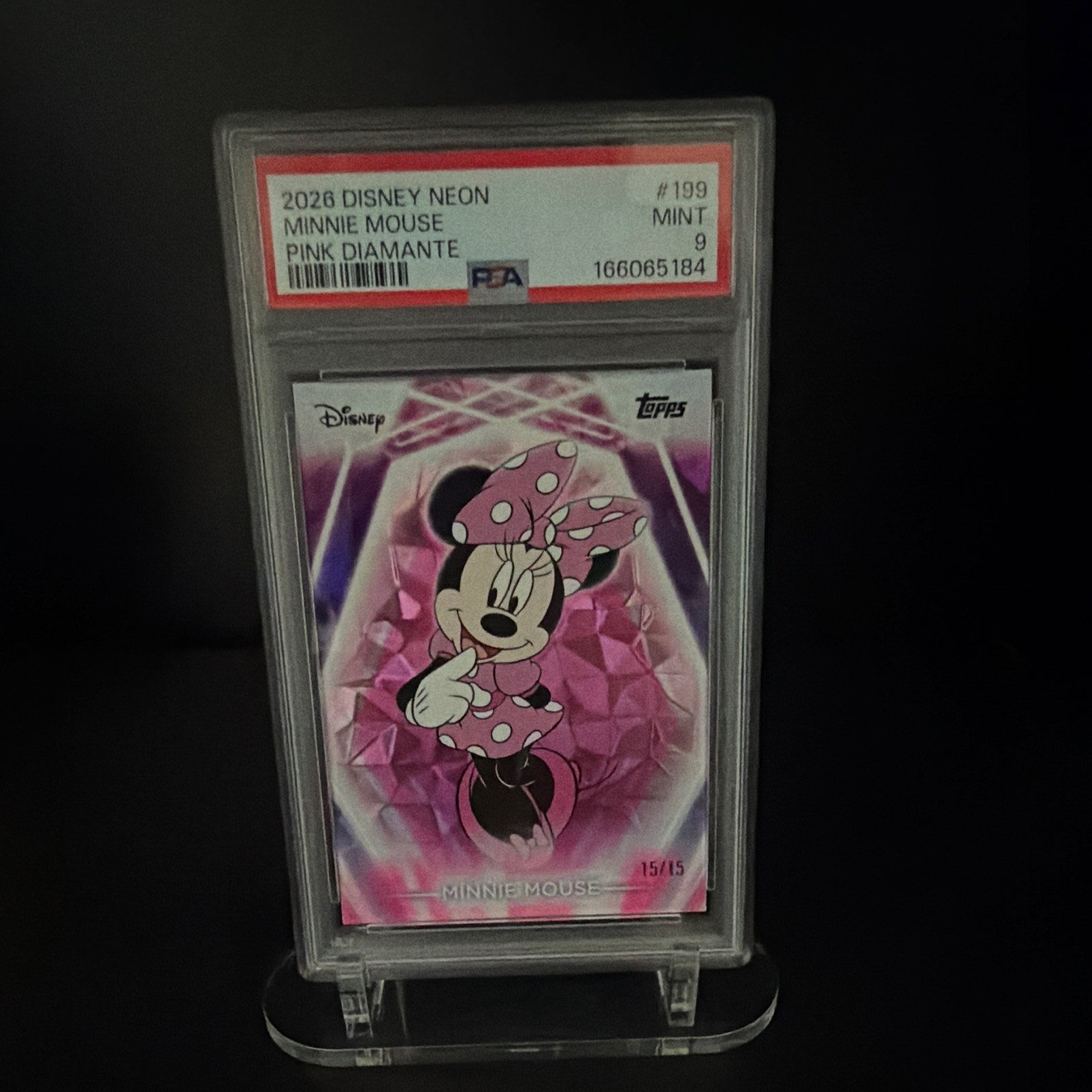 Topps 2026 Disney Neon Minnie Mouse #199 Pink Diamante PSA 9 15/15