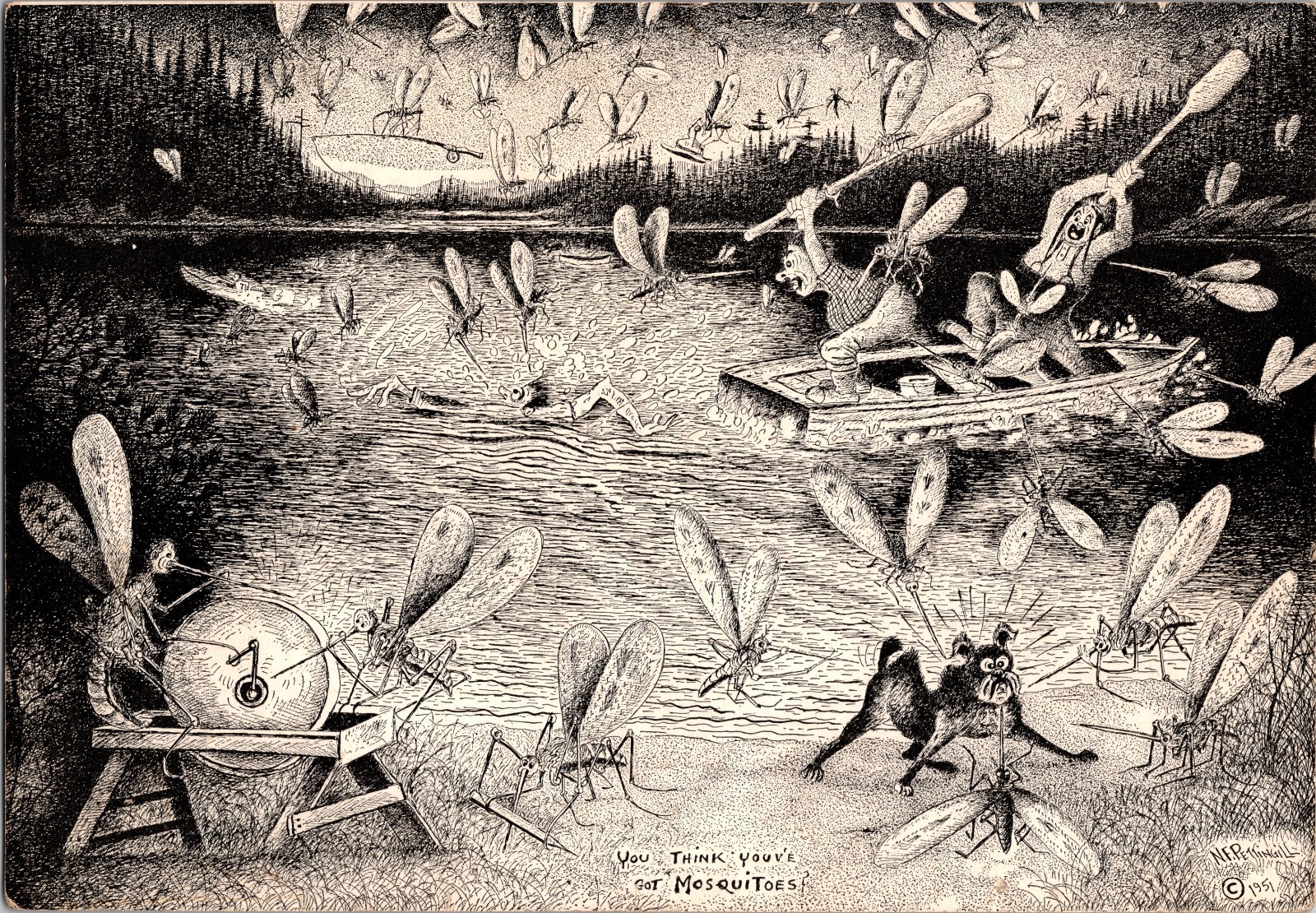 1951 Norman Pettingill Giant Mosquitoes Fishing Humor 10\