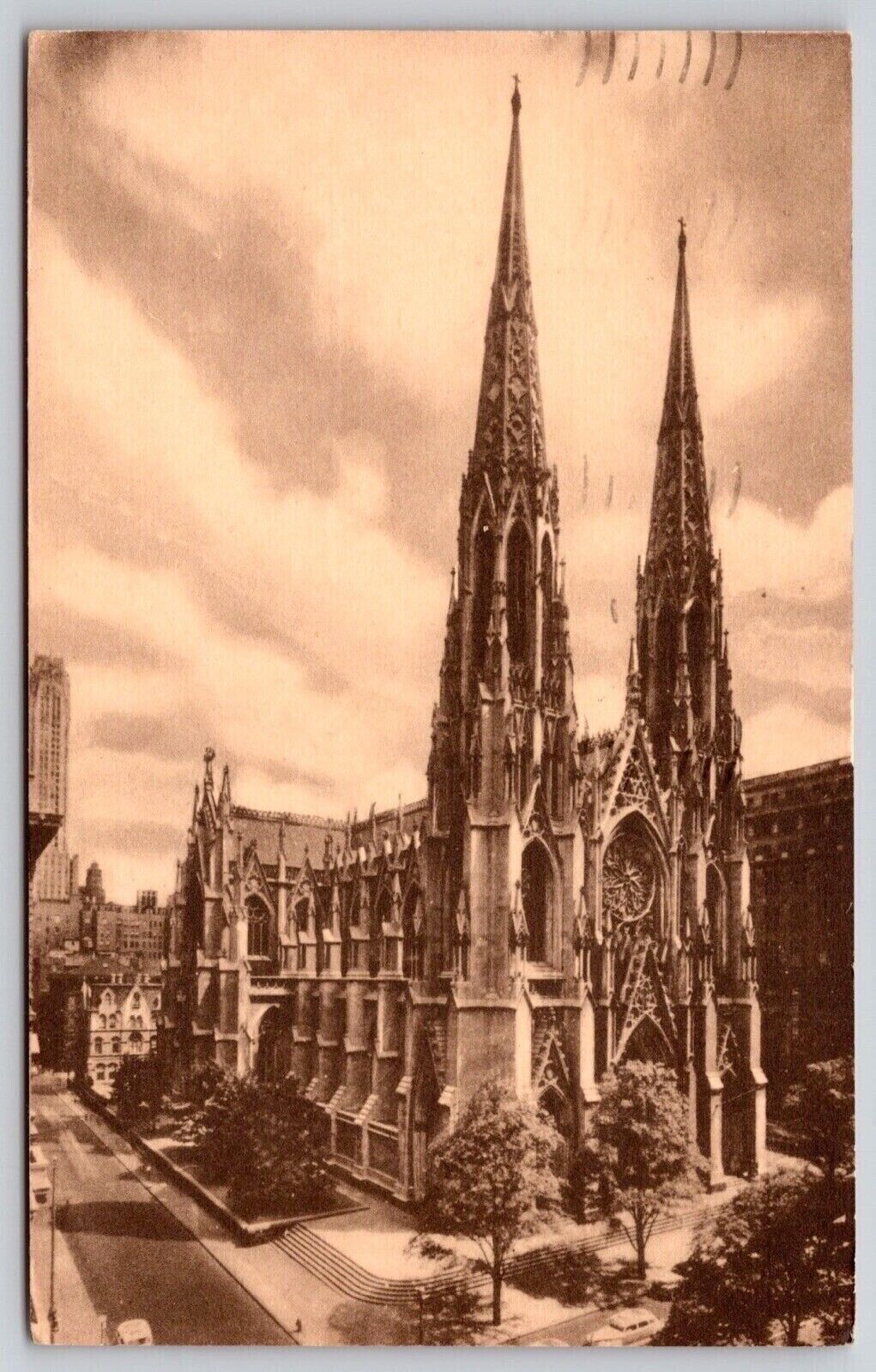 Saint Patricks Cathedral New York Birds Eye View Sepia WOB Vintage PM Postcard