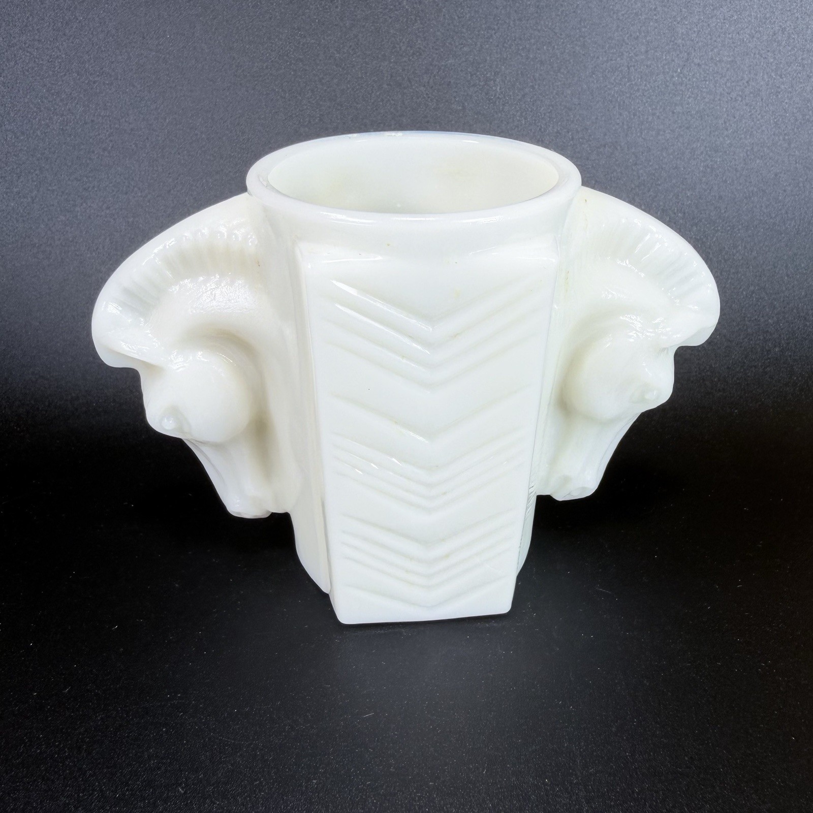 1930s Art Deco Macbeth Evans Double Horse Head Milk Glass Shaving Mug Vase