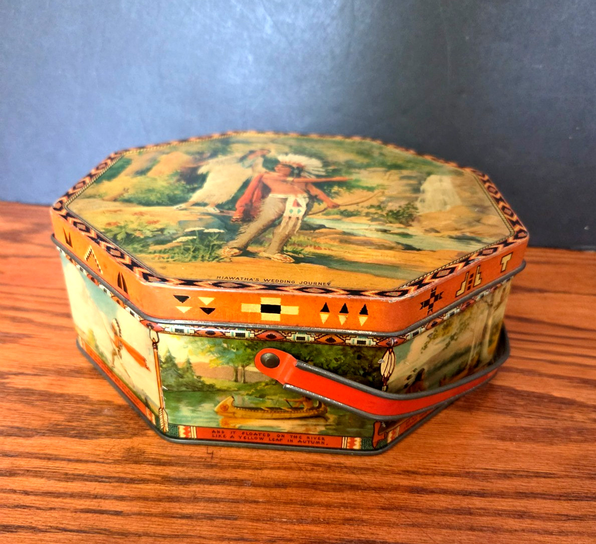 VTG 1920 Hiawatha's Wedding Journey Octagon Tin w/Handle, Loose-Wiles Biscuit Co