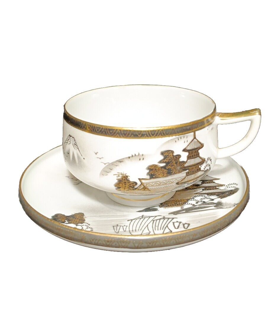 Kutani Eggshell Cup And Saucer Hand Painted Japan Gold & Black