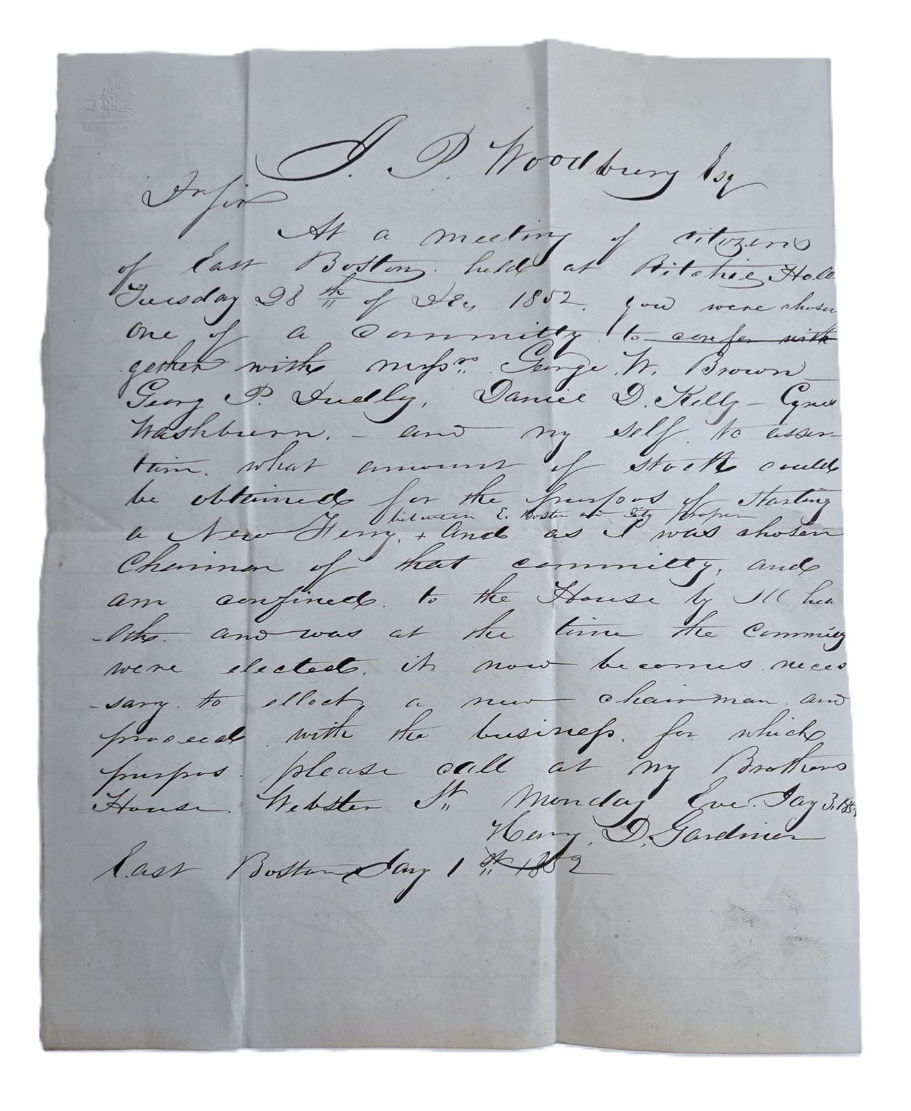 1852 antique LETTER re NEW FERRY EAST BOSTON HENRY D. GARDINER jp woodbury esq