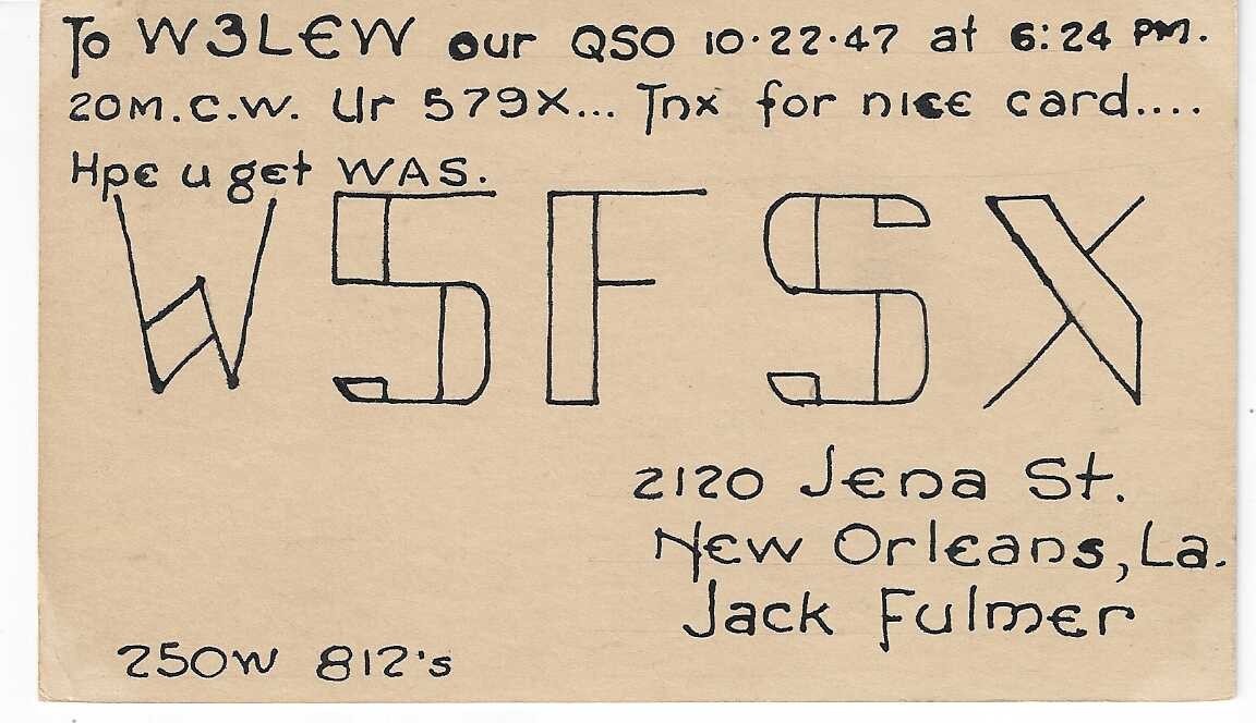 QSL  1947  New Orleans LA   radio card
