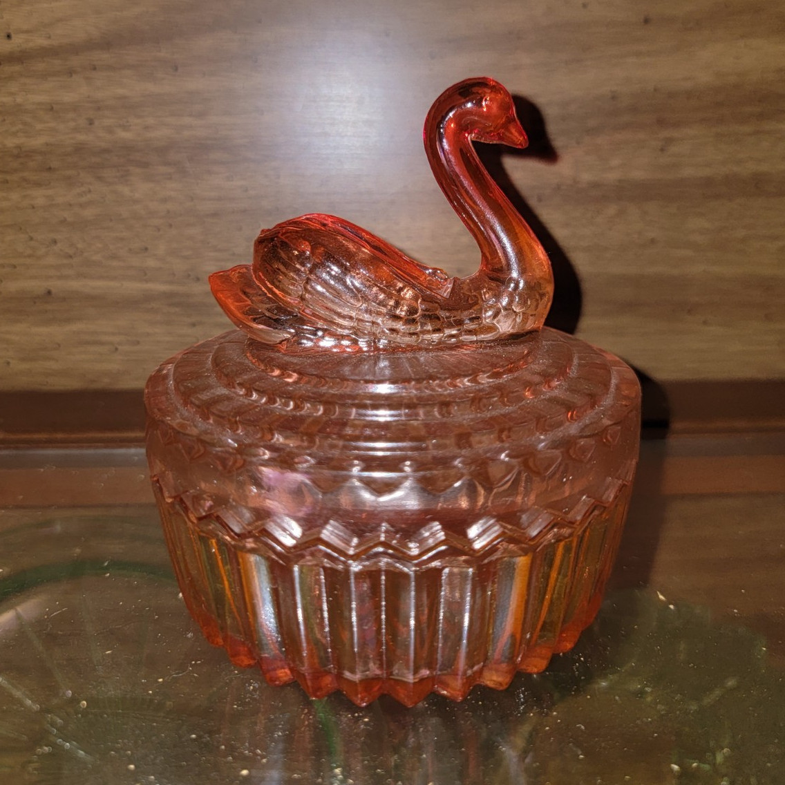 Vintage Jeannette Glass Company swan powder jar and lipstick holder, Glows in uv
