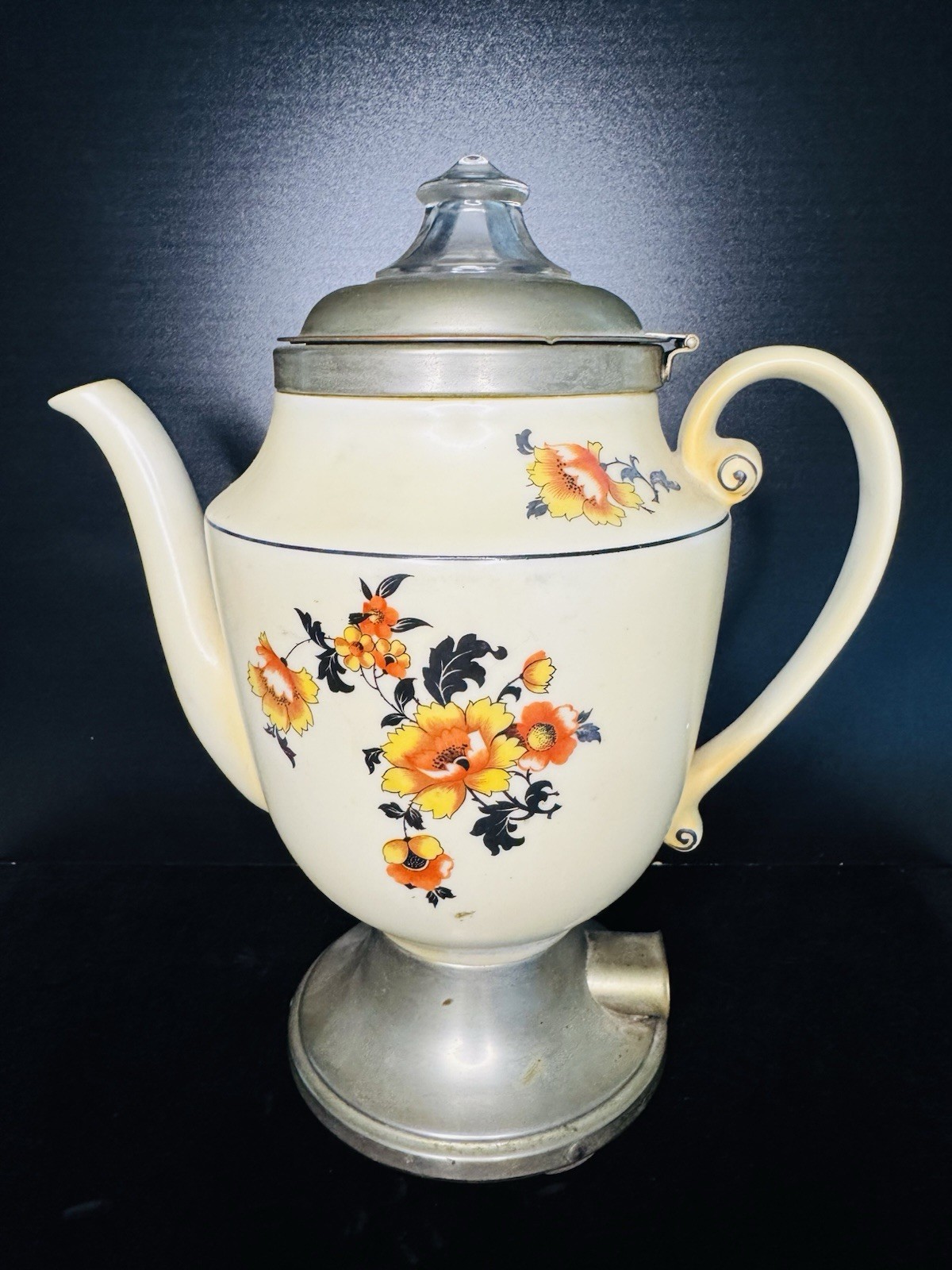 VINTAGE Royal Rochester Teapot w/Chrome Lid/base Hand Painted Untested No Cord