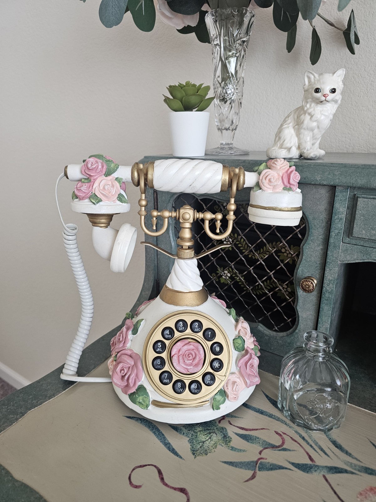 Rare vintage-style landline phone white and gold finish, w pink porcelain roses.