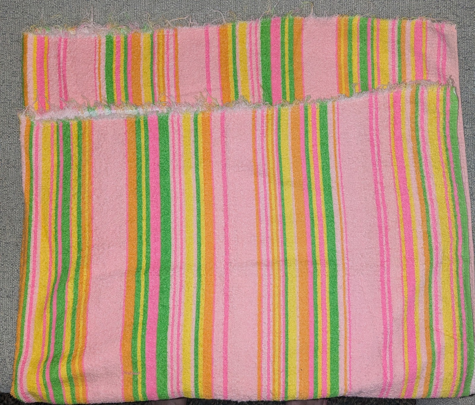 Vintage Retro 1960s 70's Pink Yellow Green Stripe Terry Cloth Fabric Toweling 