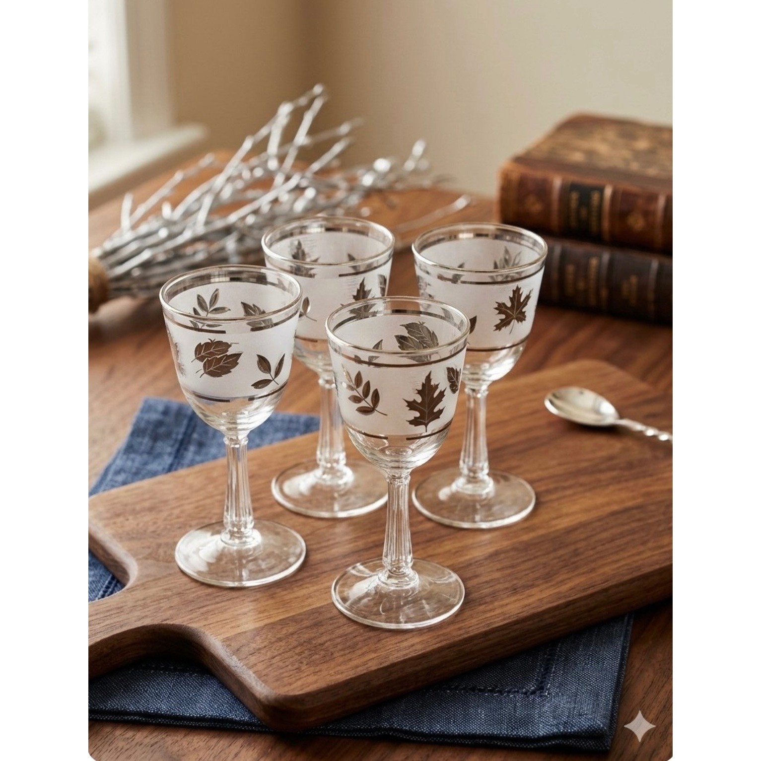 Vintage Libbey Silver Foliage Frosted Wine Glasses Set of 4 Mid Century Modern