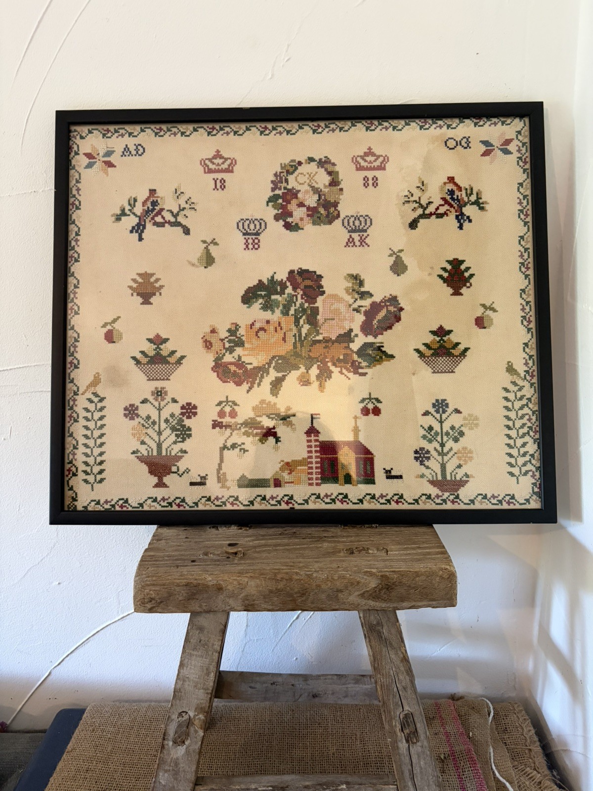 Antique 1888 19th Century British Floral Needlework Embroidery Sampler