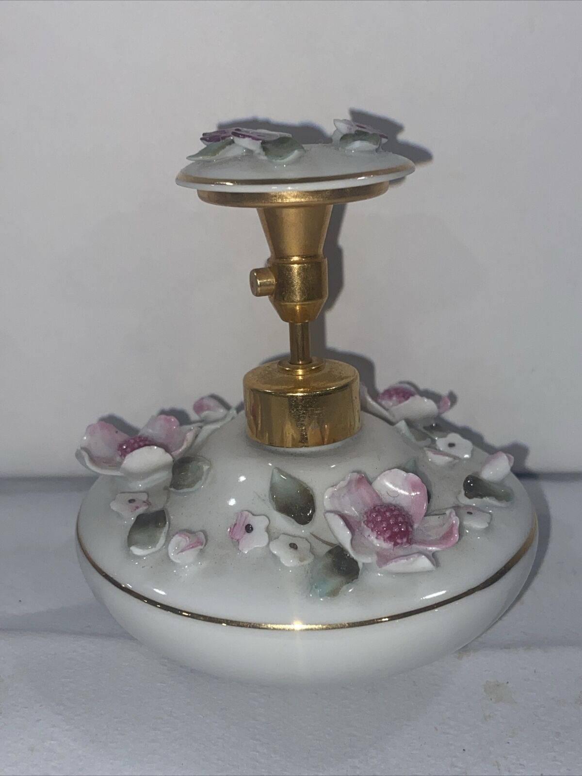 Vintage DeV Perfume Bottle Atomizer. White With Floral Design. Ceramic. 