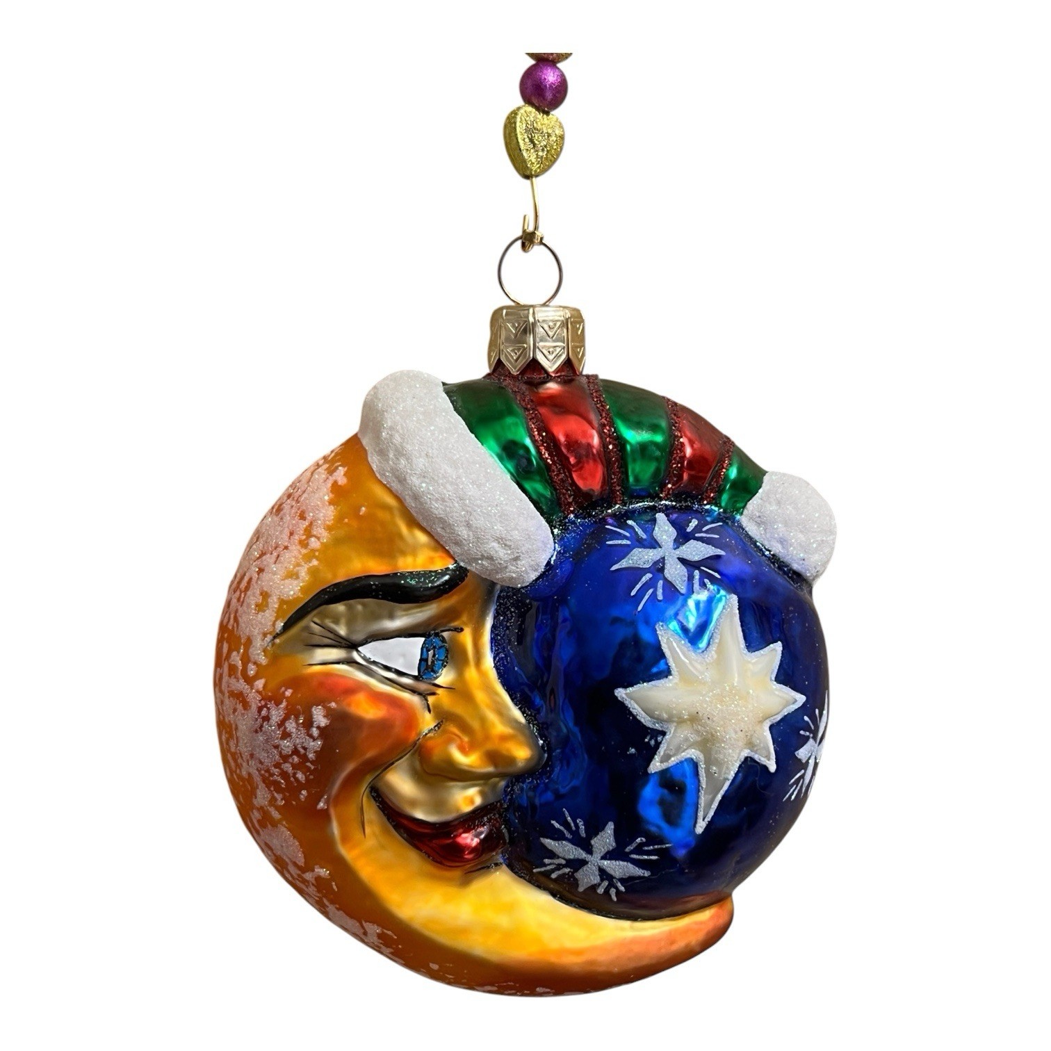 Vintage Slavic Treasures Moon, Stars Blown Glass Christmas Ornament Poland