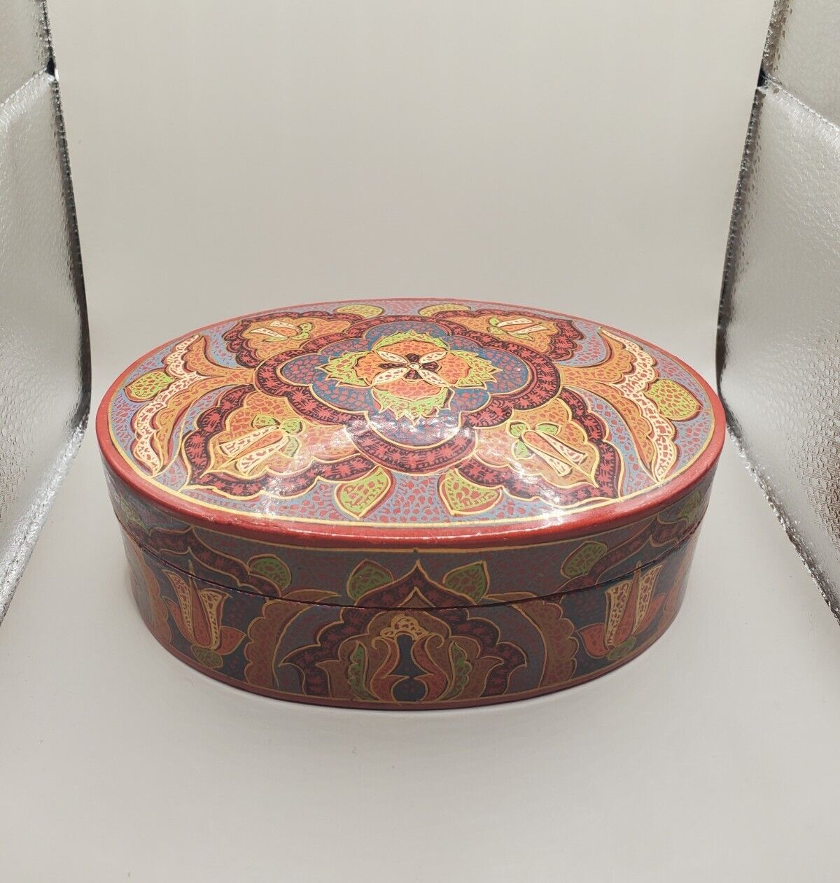 Lacquer Trinket Jewelry Box Hand Painted Floral in Kashmir India 7\