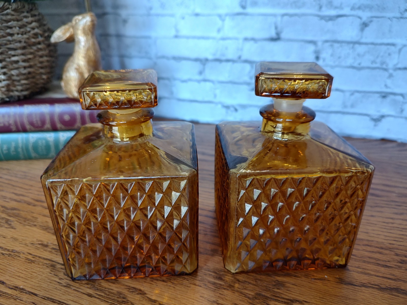 Amber Square Diamond Point Decanters W/ Glass Stoppers Vintage Set of 2 MCM