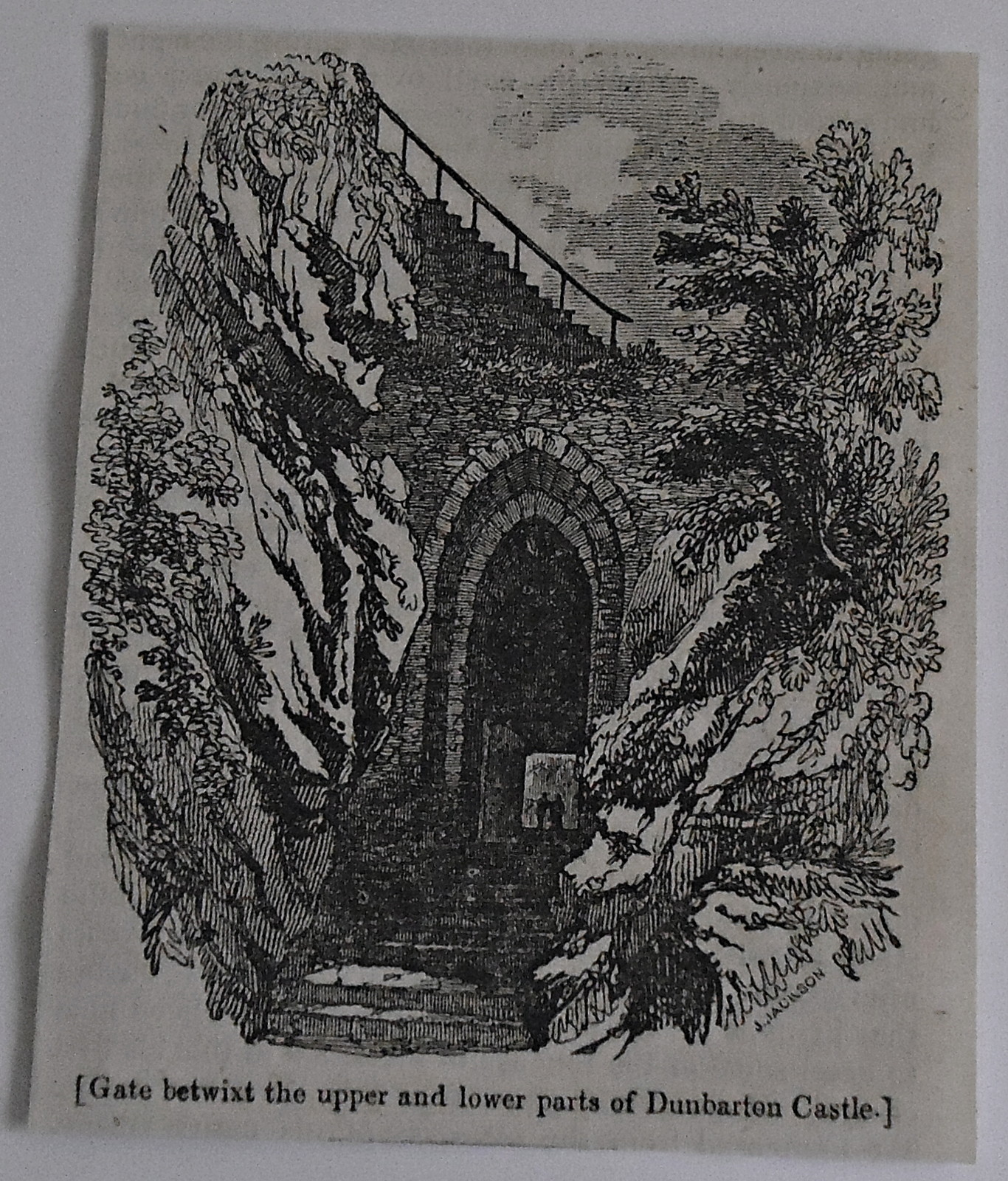 small 1832 magazine engraving ~ Gate betwixt parts of DUNBARTON CASTLE, Scotland