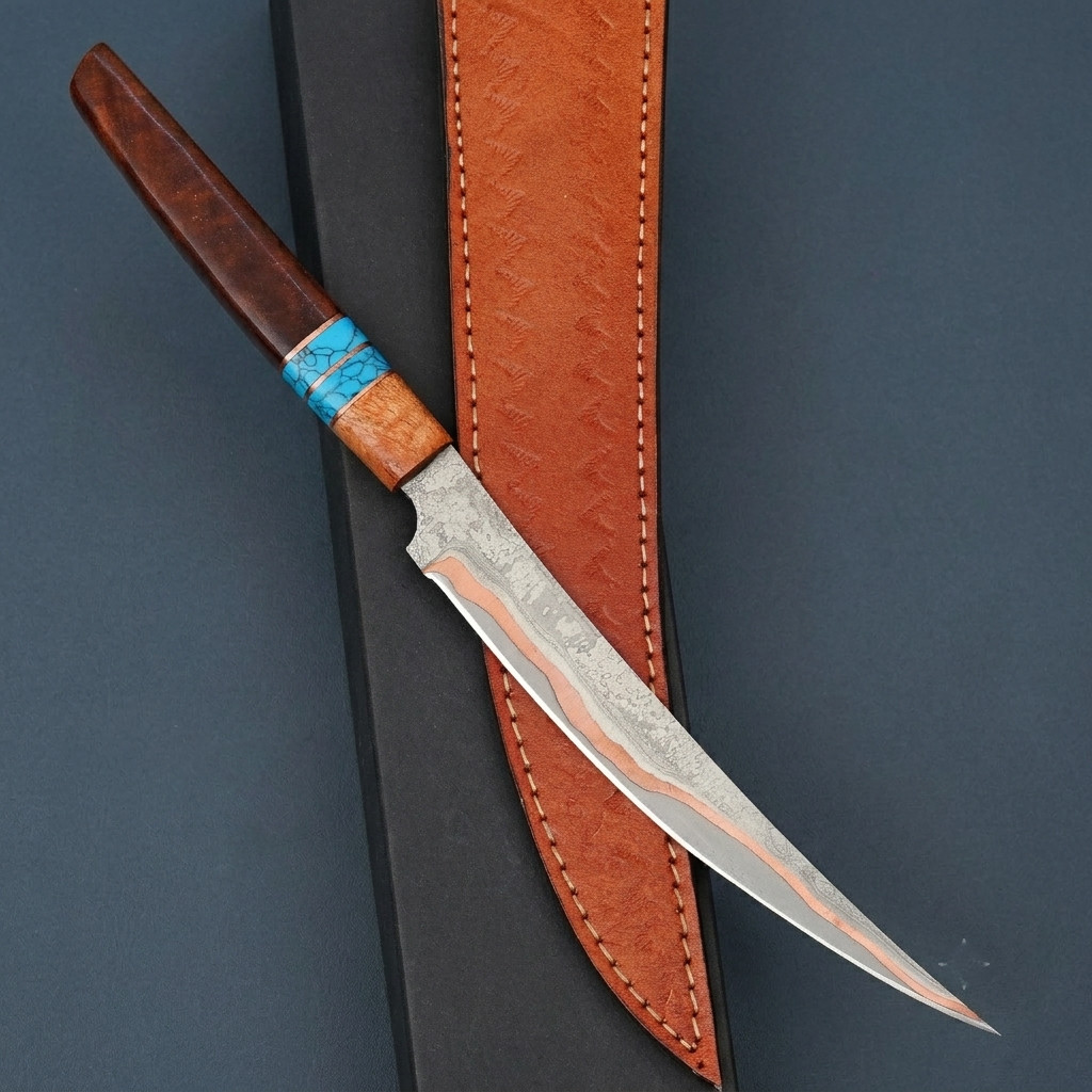Handmade Copper Damascus Fillet Knife Best For Hunting Fishing Knife With Sheath
