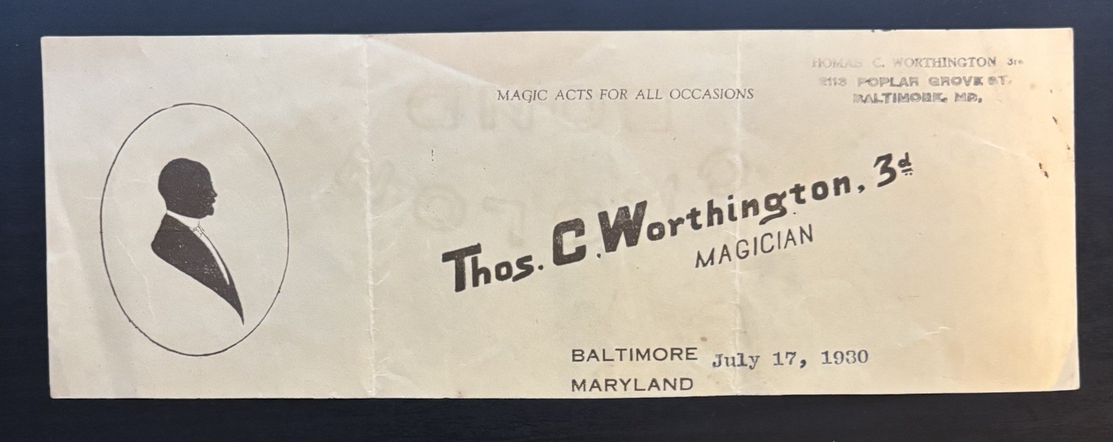 Thomas Worthington Letterhead, Howard Thurston, Magician, Illusionist, Rare Thomas Worthington Letterhead, Howard Thurston, Magician, Illusionist, Rare