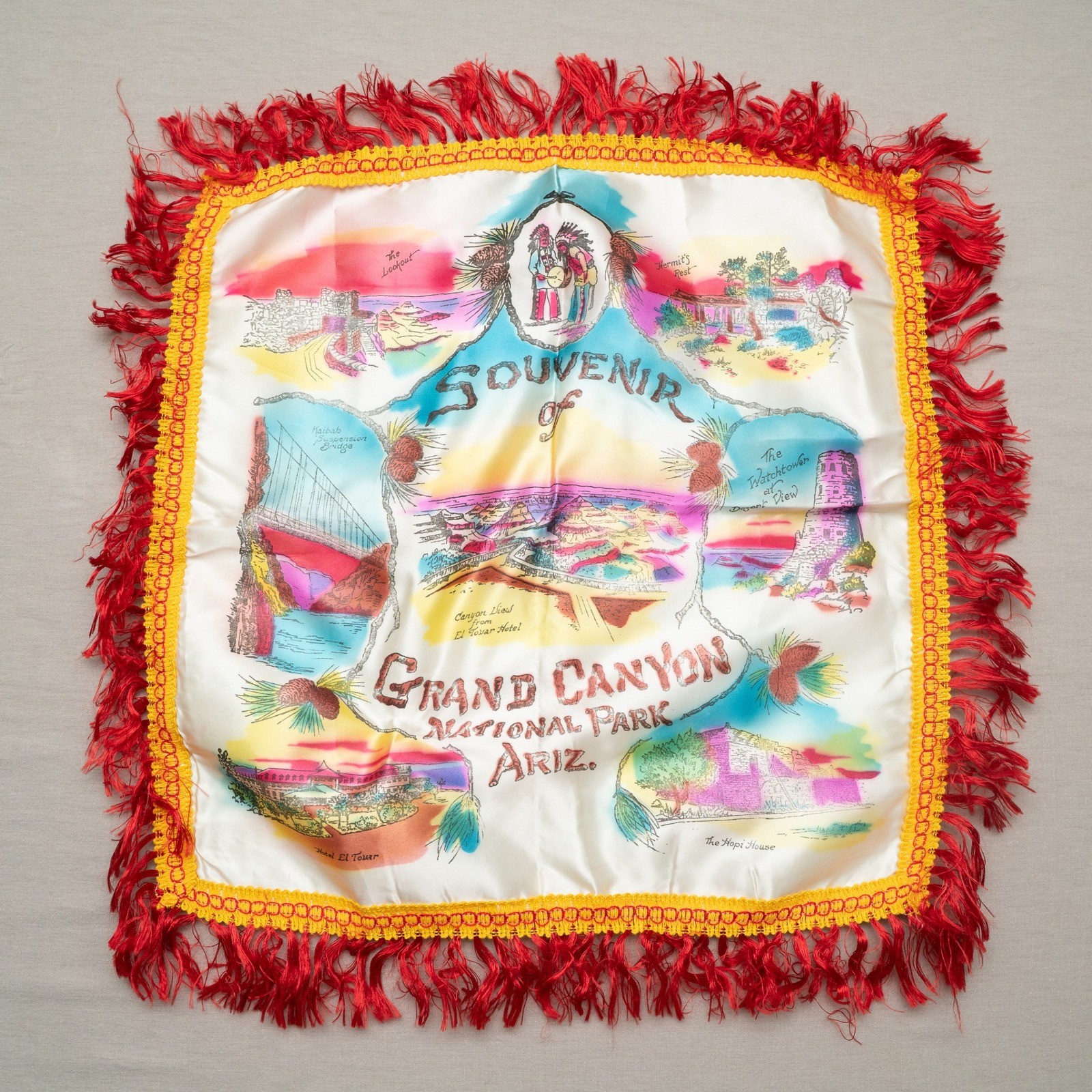 Vintage 1940s Souvenir Grand Canyon Arizona State Silk Souvenir Pillow Case Sham