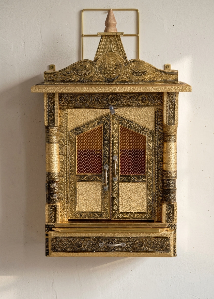 Indian Wooden meenakari work Wall Hanging tample With Drawer Worship Pooja Ghar
