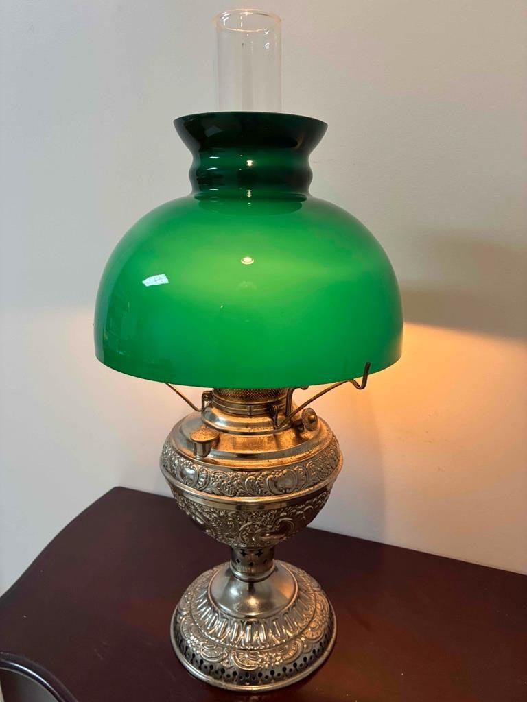 1800's Antique Ornate NEW JUNO #2 Hurricane Parlor Nickel Emerald Oil Lamp Works