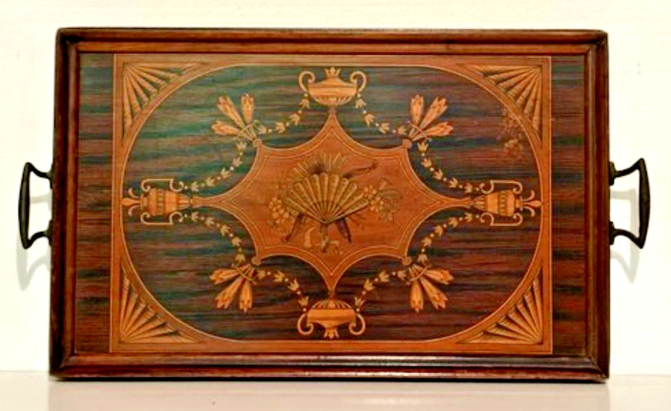 Antique English Edwardian Marquetry Inlay Wooden Tray With Brass Handles 13x21\