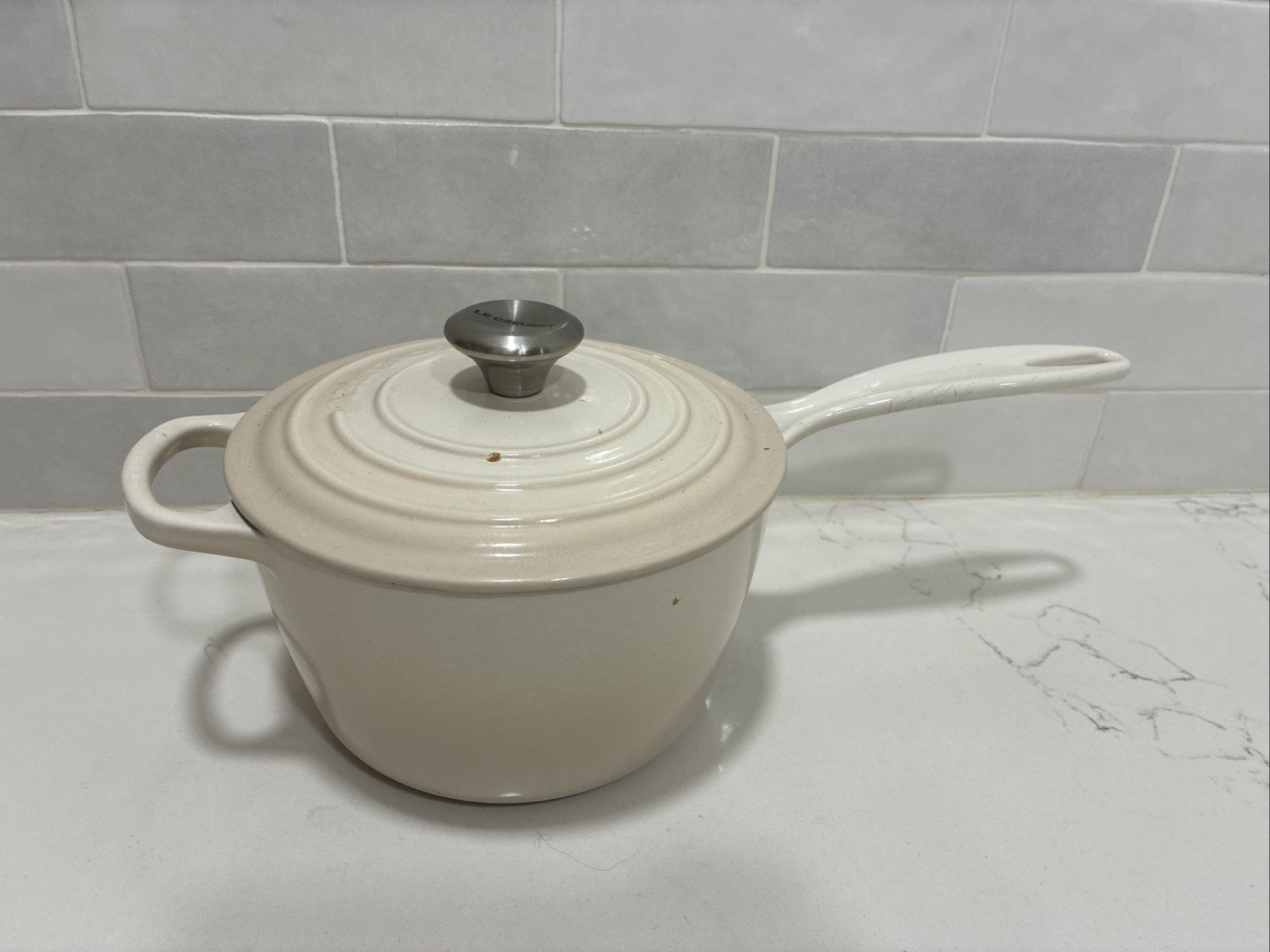 7” Le Creuset Cast Enamel Cream Pot 2qt Sauce Pan #18 France 7” Le Creuset Cast Enamel Cream Pot 2qt Sauce Pan #18 France